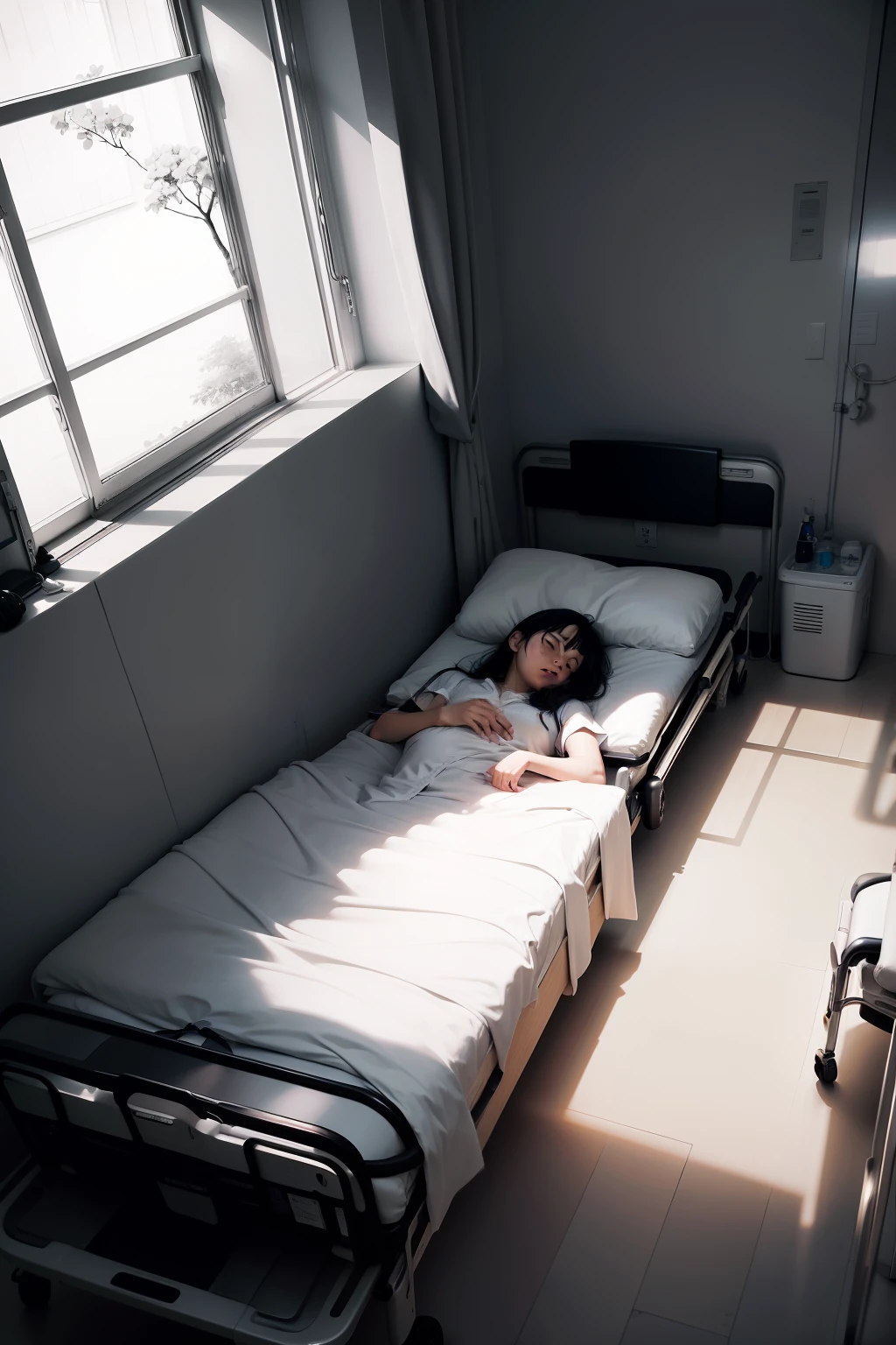 black and white manga style，hospitals，There are patients lying in hospital beds，Fujimoto tree style，There was another person sitting next to the bed，black andwhite，Only black and white，There was another person sitting next to the bed