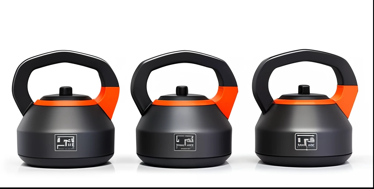 Four black kettle weights,White background and orange logo, Intense, reverse, Feature, intense detail, detailed product image, high quality product photo, high detail product photo, Precise lines, detailed product photo, HSL, Fitness, precision, professional product photo, close-up product photo, thrusters