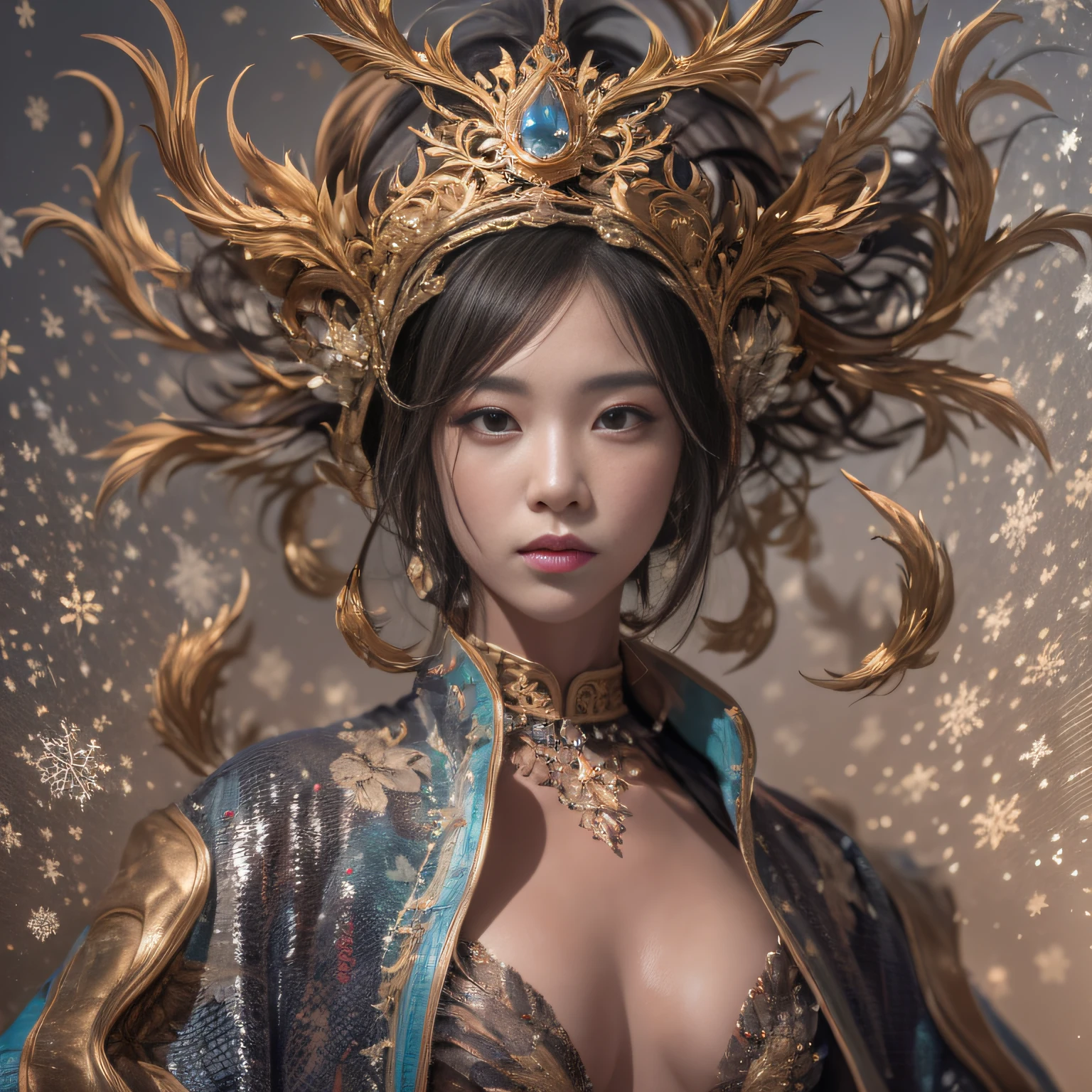 16k（tmasterpiece，k hd，hyper HD，16k）short detailed hair，Gold jewelry area in the back room，Smoke ring girl ，Bronze Dragon Protector （realisticlying：1.4），Python pattern robe，Purple-pink tiara，Snowflakes fluttering，The background is pure，Hold your head high，Be proud，The nostrils look at people， A high resolution， the detail， RAW photogr， Sharp Re， Nikon D850 Film Stock Photo by Jefferies Lee 4 Kodak Portra 400 Camera F1.6 shots, Rich colors, ultra-realistic vivid textures, Dramatic lighting, Unreal Engine Art Station Trend, cinestir 800，Hold your head high，Be proud，The nostrils look at people