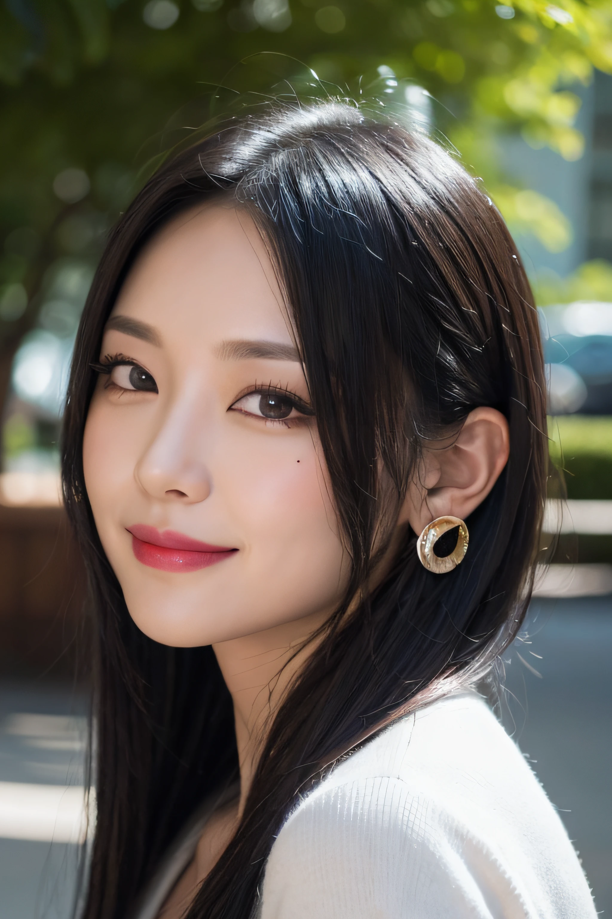 black hair, hair bobbles, longeyelashes, solid circle eyes, light smile, mole under eye, heart earrings, light smile, shy, puckered lips, Surrealism, drop shadow, stereogram, pov, atmospheric perspective, depth of field, first-person view, f/1.8, 8k, super detail, ccurate, best quality, highres, best quality,full body