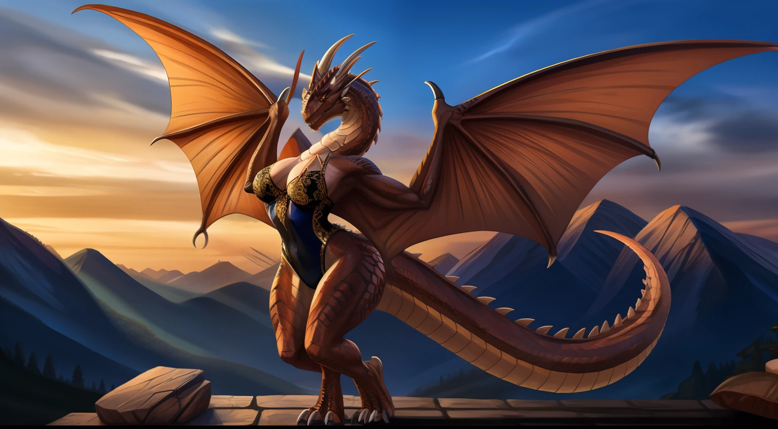 Anthropomorphic, furry, scaly, woman monster hybrid, dragon, serpent, wyvern,high cut leotard with black and gold colored lace, high leg leotard, muscular body, busty, long red hair, fierce, sexy, beautiful, hourglass body, thicc, sexy hips, black scales, long neck, reptile, horns, fins, tail coming out of the spine, spikes, strong, powerful, sharp teeth, saber fangs, loving, beastly, slit pupils, confident, monstrous, hair, claws, fit body, wings, sensual, loving wife, gold necklass, talon feet, regal looking, queen, primal, full wing span, standing, proud, lovely, majestic, goddess, no arms only wings, flying in the sky, in the mountains,