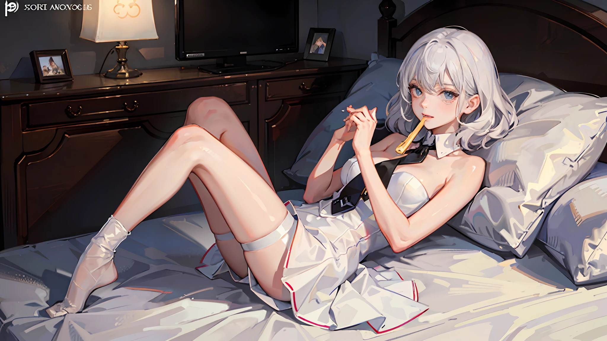 Full body bedroom,onbed,Girl with short white hair spreads her legs in dimly lit bedroom,white stockings,Cover your mouth with your hands,Messy hair,Long hair scattered on the bed,Juice,unwear,saliva