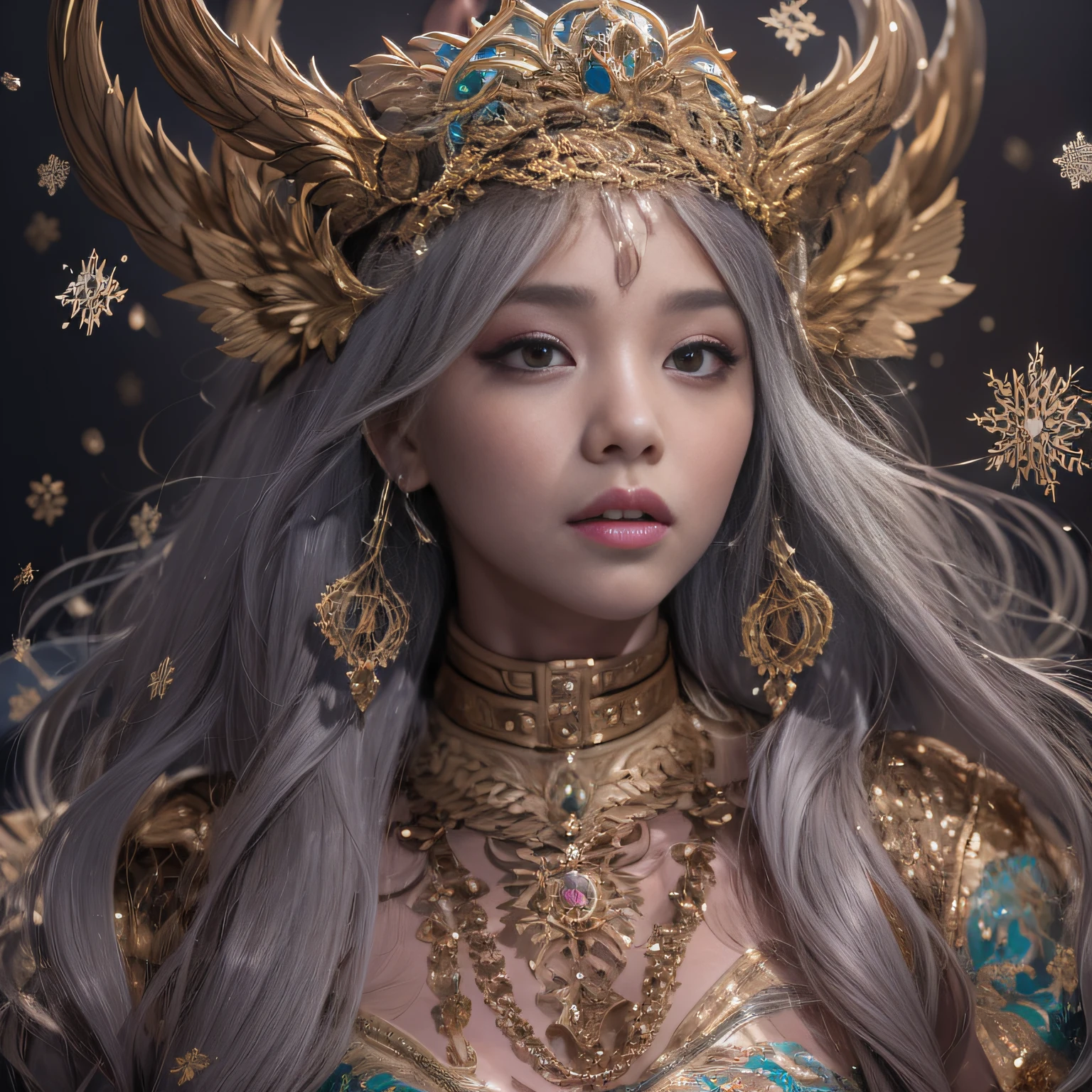 16k（tmasterpiece，k hd，hyper HD，16k）short detailed hair，Gold jewelry area in the back room，Smoke ring girl ，Bronze Dragon Protector （realisticlying：1.4），Python pattern robe，Purple-pink tiara，Snowflakes fluttering，The background is pure，Hold your head high，Be proud，The nostrils look at people， A high resolution， the detail， RAW photogr， Sharp Re， Nikon D850 Film Stock Photo by Jefferies Lee 4 Kodak Portra 400 Camera F1.6 shots, Rich colors, ultra-realistic vivid textures, Dramatic lighting, Unreal Engine Art Station Trend, cinestir 800，Hold your head high，Be proud，The nostrils look at people