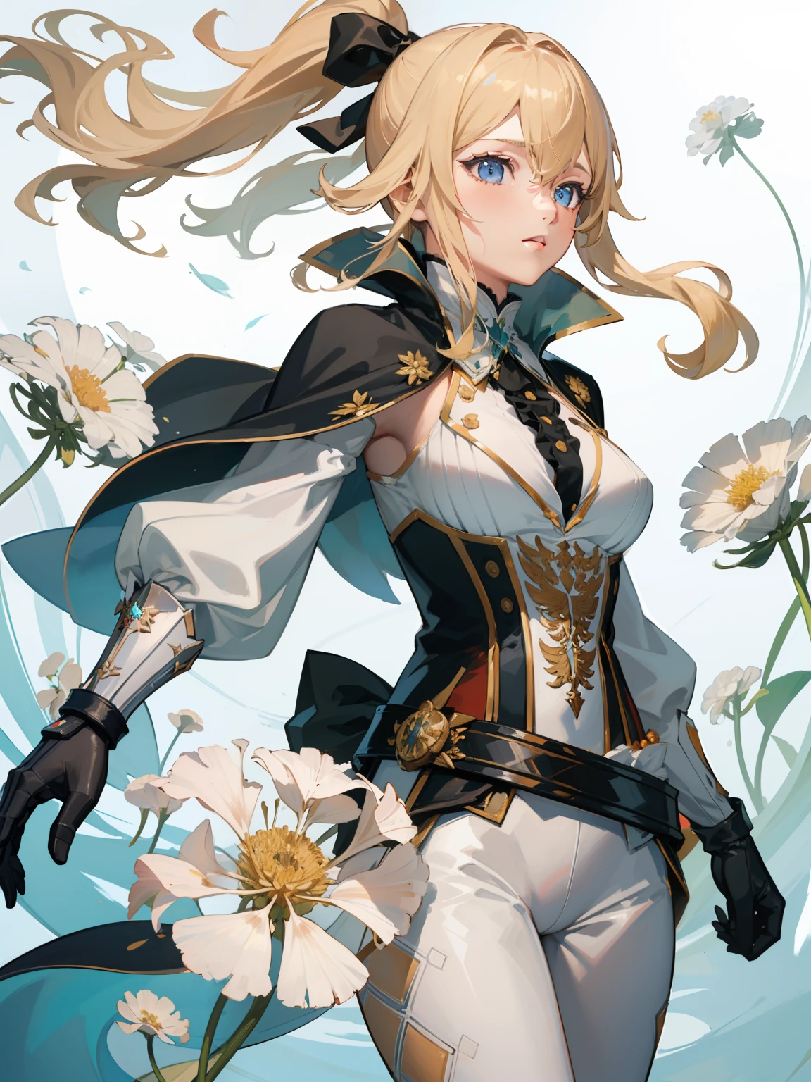 ((masterpiece,best quality)),(negative space:1.4),(1girl, solo:1.4),beautiful detailed eyes,floating blond ponytail hair, long white pants, standing outside, white flowers, dandelions