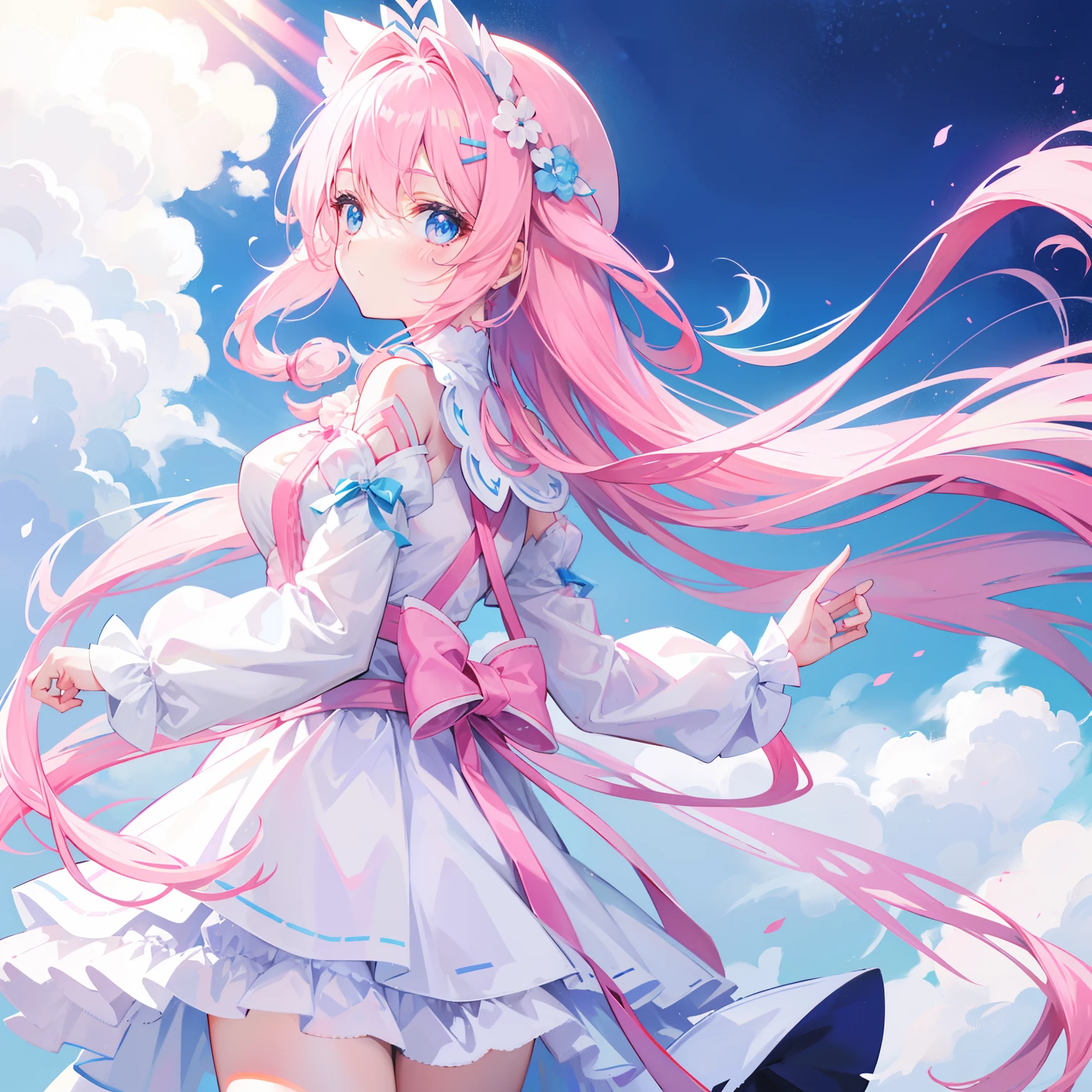 Long hair that matches light pink with white,Blue, white and pink clothes,She is a cute and cute girl,A soft girl,It looks very light and gentle