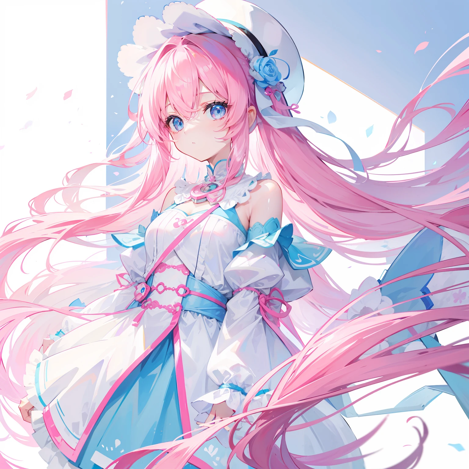 Long hair that matches light pink with white,Blue, white and pink clothes,She is a cute and cute girl,A soft girl,It looks very light and gentle