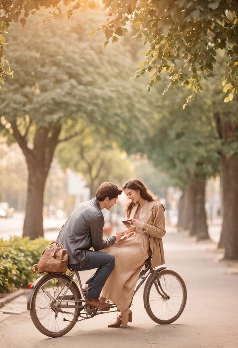 nostalgic, romantic, young couple, holding hands, bicycle ride, street scene, old buildings, vintage fashion, love letter, cassette tape, walkman, sunset, park bench, shy smiles, secret rendezvous, handwritten notes, sweet gestures, gentle touch, stolen glances, heartfelt conversations, first love, innocence, passion, simplicity, timeless, soft focus, warm colors, vintage filters, soft breeze, happy memories, hidden kisses, lingering hugs, simple pleasures, carefree, pure, genuine, love in the air, 80s soundtrack