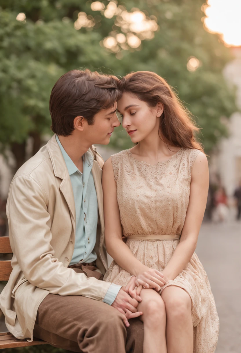 nostalgic, romantic, young couple, holding hands, bicycle ride, street scene, old buildings, vintage fashion, love letter, cassette tape, walkman, sunset, park bench, shy smiles, secret rendezvous, handwritten notes, sweet gestures, gentle touch, stolen glances, heartfelt conversations, first love, innocence, passion, simplicity, timeless, soft focus, warm colors, vintage filters, soft breeze, happy memories, hidden kisses, lingering hugs, simple pleasures, carefree, pure, genuine, love in the air, 80s soundtrack