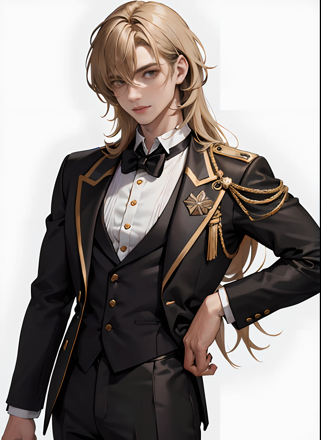 Portrait of a man in his 20s, Man's, 28 years old, Mysterious, a gloomy, Standing, Above the waist, Hands down, ((Beige three-piece suit)), ((hair between eye)), Long side hair, Bangs, ((Looking at the viewer)), hair messy, shoulder length hair, Beige hair, pale skin, dark brown eyes, (((Gender neutral))), Game Graphics, White background, Late 19th century