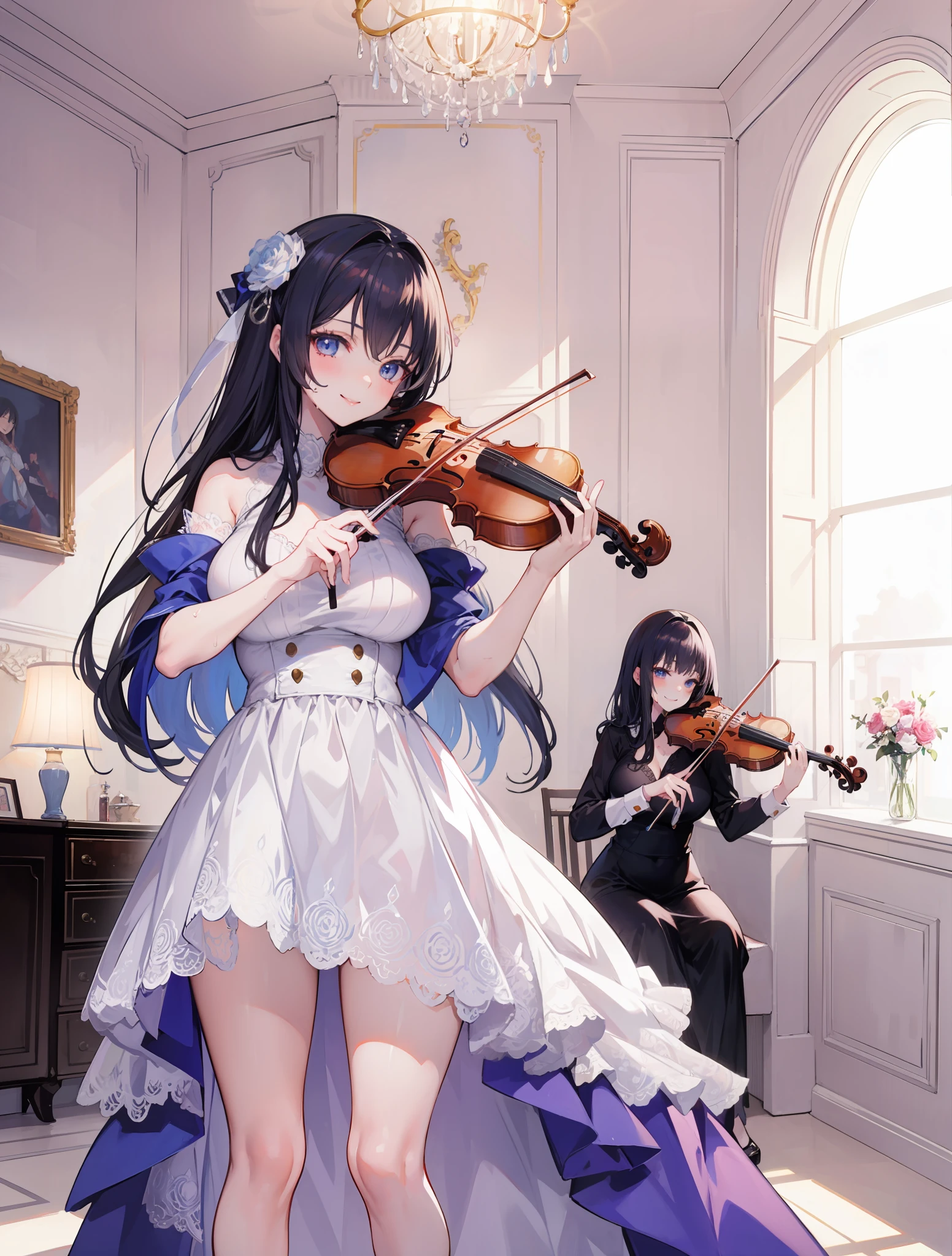 anime girl in a beautiful dress, beautiful breasts, smile, beautiful hair, playing violin,, elegance, luxury room, sweat
