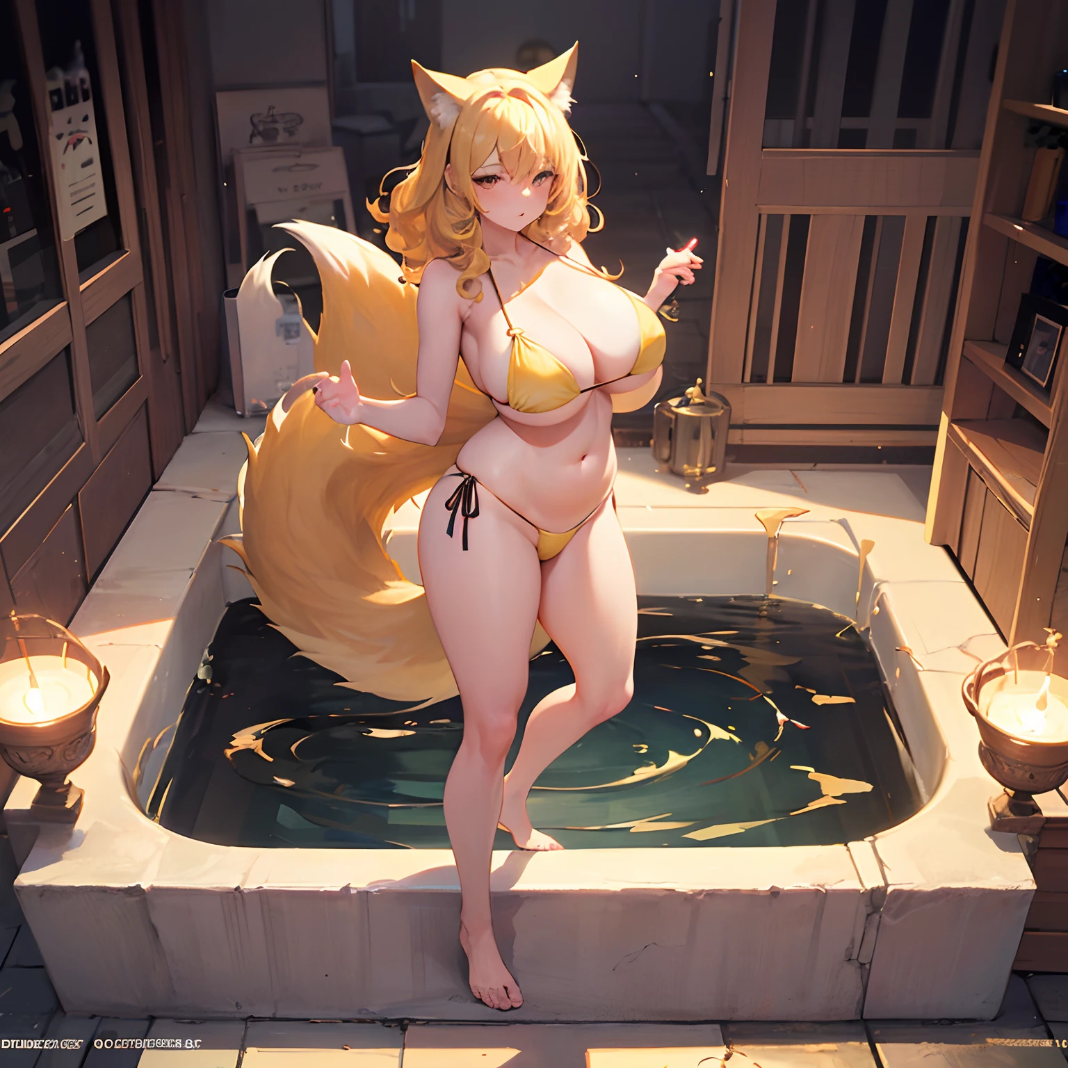 Absolutely beautiful fox charmer, perfect slim body, mature, yellow hair, large curly hair, bikini swimsuit, sexy and seductive, beautiful face, full body portrait, standing pose, 4K picture quality, big body, feminine expression, blush shyness, outrageously large bust, deep eyes, seaside bath, plump big, huge breasts
