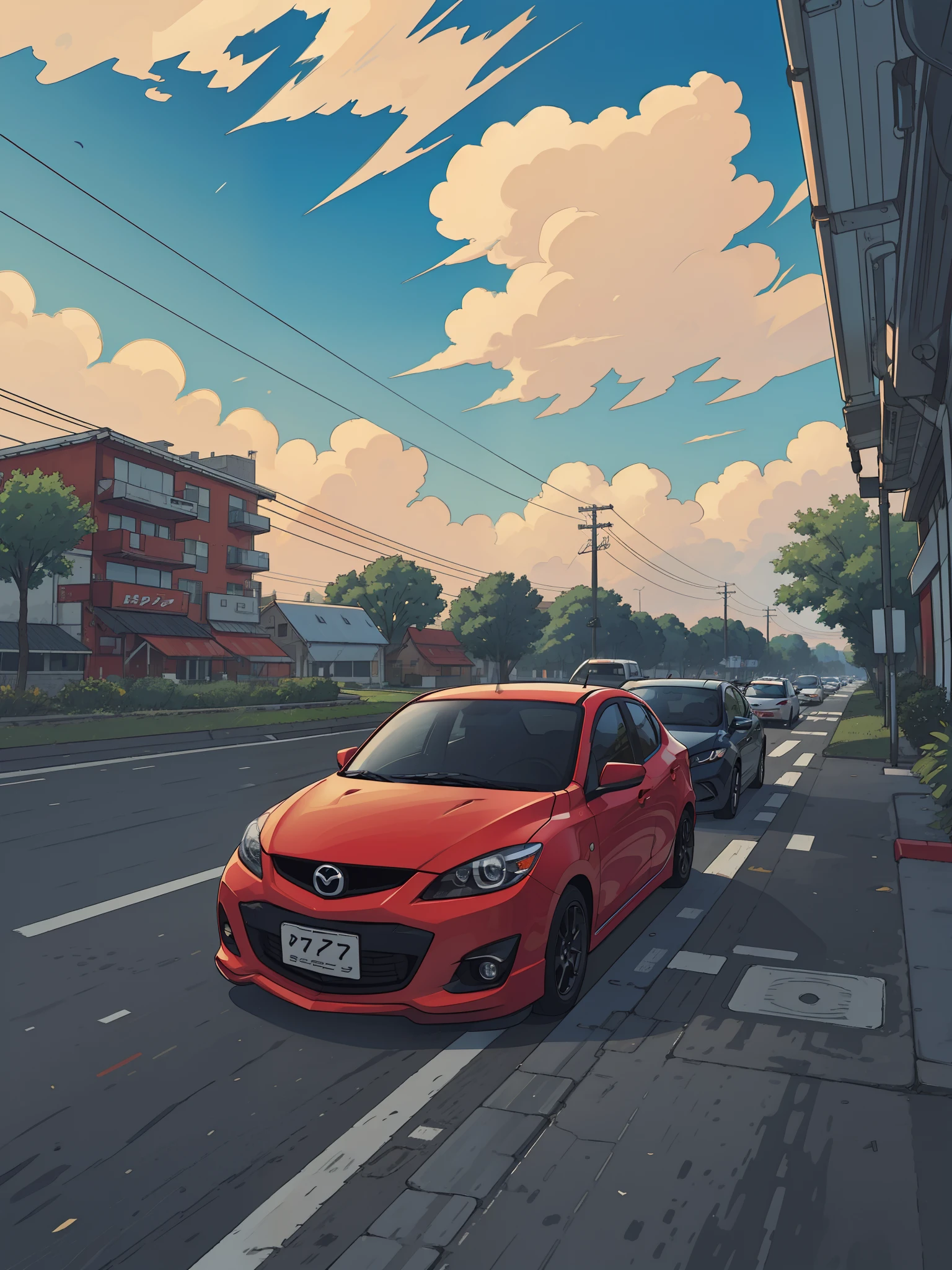 best quality, anime style, high highway background, Mazda2, Mazda2,