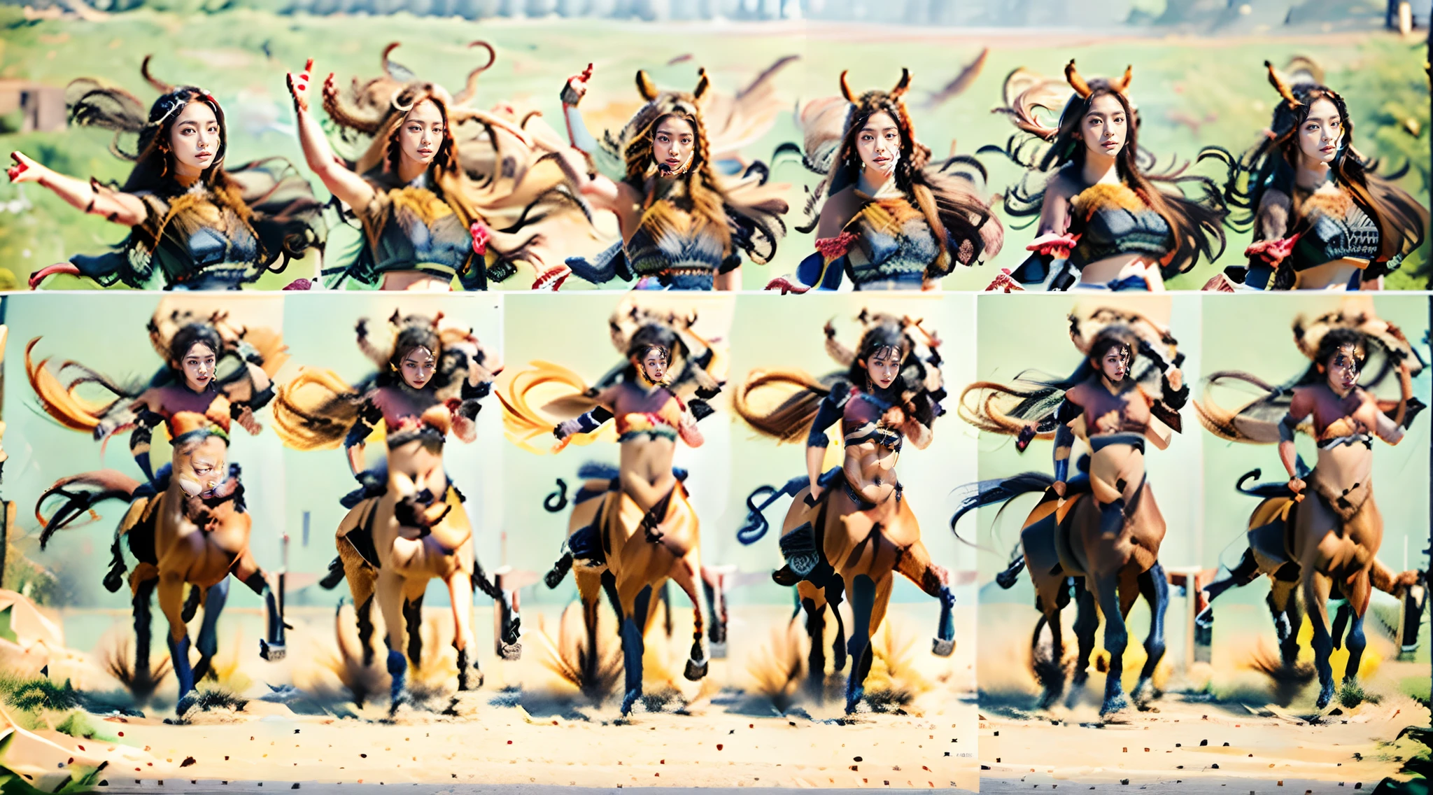 In this beautiful illustration,Eight unique female centaur characters are shown,They all have their own characteristics,Vivid and interesting。Radiant angelic centaurs from the heavenly realm,To the hellish centaurs surrounded by nightmarish flames,And then to the Wind Immortal Centaur dancing in the air,Unicorn centaur surrounded by lightning,Mechanical centaur in mechanical style,Dragon centaurs,Elf centaurs,Tiflin centaurs,Each character has their own unique charms and abilities。The illustration uses advanced artistic techniques and tools,Divide the scene into sections by geometric arrangement,Each section corresponds to a centaur character,This makes more efficient use of space。Through Midjourney's advanced brush tools、Color palette、Material packs and model packs,Exquisite costumes and equipment are designed for each centaur,Enhances the character's personality and visual appeal。The scenery in the illustrations is stunning,There are changing skies、rainbowing、extreme light、Stars and Moon。Incorporating iconic landmarks such as Mount Everest,and fireworks、tranquil lake、Natural and urban elements of waves and neon lights,Creates a magical atmosphere。The centaurs showed off their skills and equipment in a variety of environments,This is true even in extreme alien landscapes。Midjourney's tools make depicting details vivid and realistic,From intricate hairstyles and clothing to authentic textures,Enhances the realism of the characters and surroundings。The fusion of multiple art styles adds movement to the centaur's movement at all angles,The overall visual experience is further enriched。The final illustration was described as a "masterpiece",It has the characteristics of "best quality" and "realistic",The details put into the creative process are shown、Level of creativity and craftsmanship。Ultra-grand scenes,super wide shot, hdr,(真实感,Masterpiece quality,best qualtiy)
