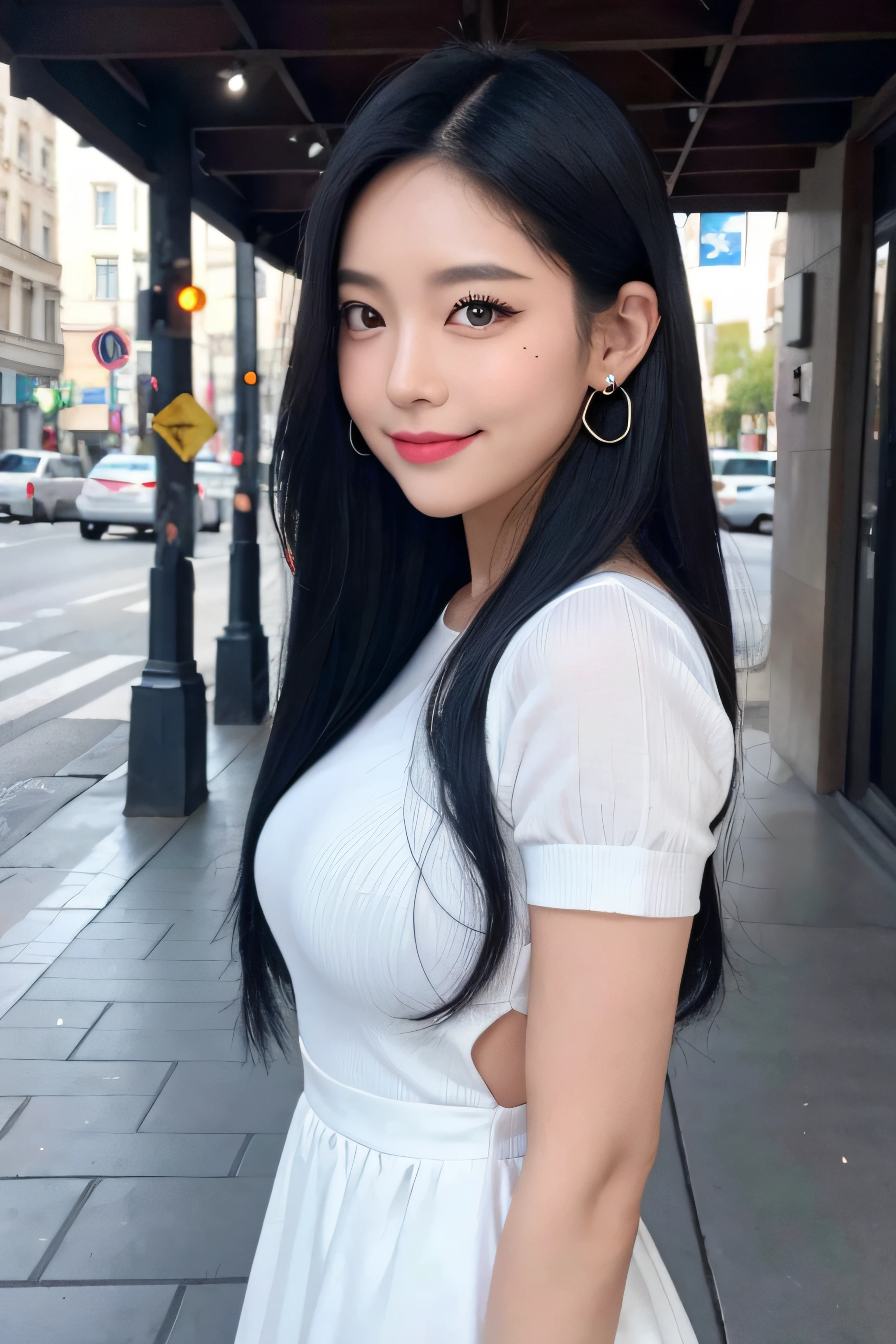 black hair, hair bobbles, longeyelashes, solid circle eyes, light smile, mole under eye, heart earrings, light smile, shy, puckered lips, Surrealism, drop shadow, stereogram, pov, atmospheric perspective, depth of field, first-person view, f/1.8, 8k, super detail, ccurate, best quality, highres, best quality,full body