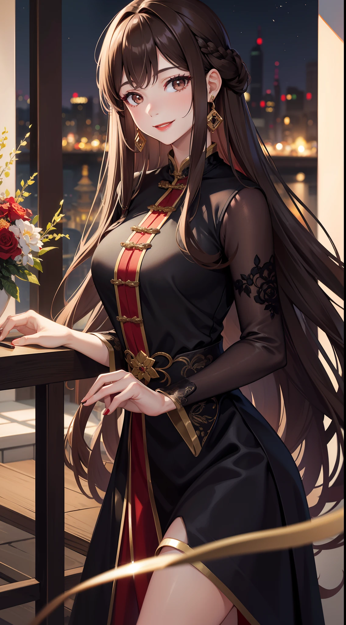 Adult woman, long light brown hair, Brown eyes, Black blue Chinese dress, red lipstick, Smile, Masterpiece, hiquality