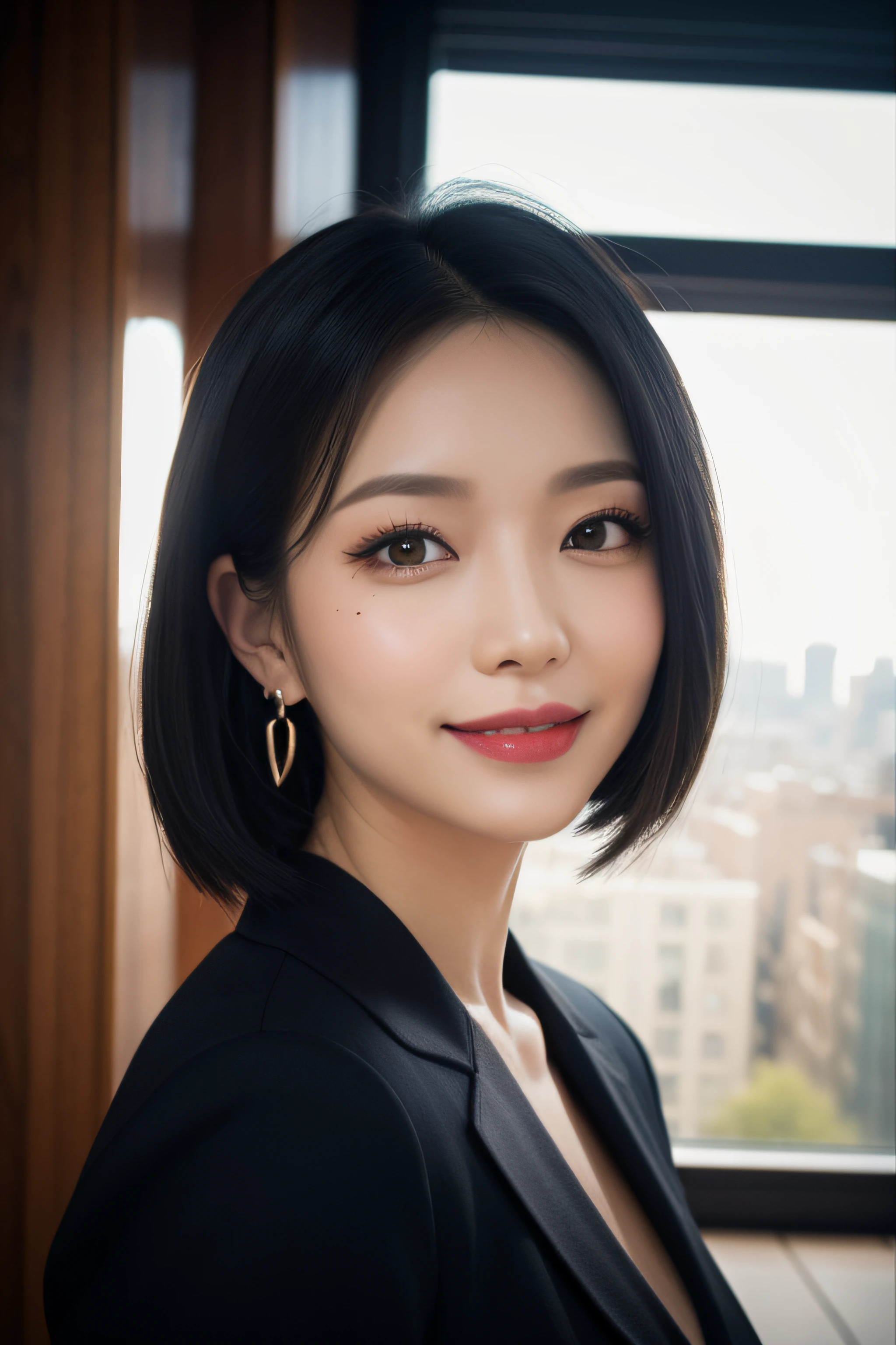 black hair, hair bobbles, longeyelashes, solid circle eyes, light smile, mole under eye, heart earrings, light smile, shy, puckered lips, Surrealism, drop shadow, stereogram, pov, atmospheric perspective, depth of field, first-person view, f/1.8, 8k, super detail, ccurate, best quality, highres, best quality,full body