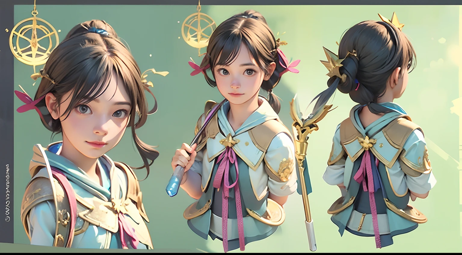 Use photorealistic textures、She's a wizard girl。She has a magic wand、Magical creatures are on her side。