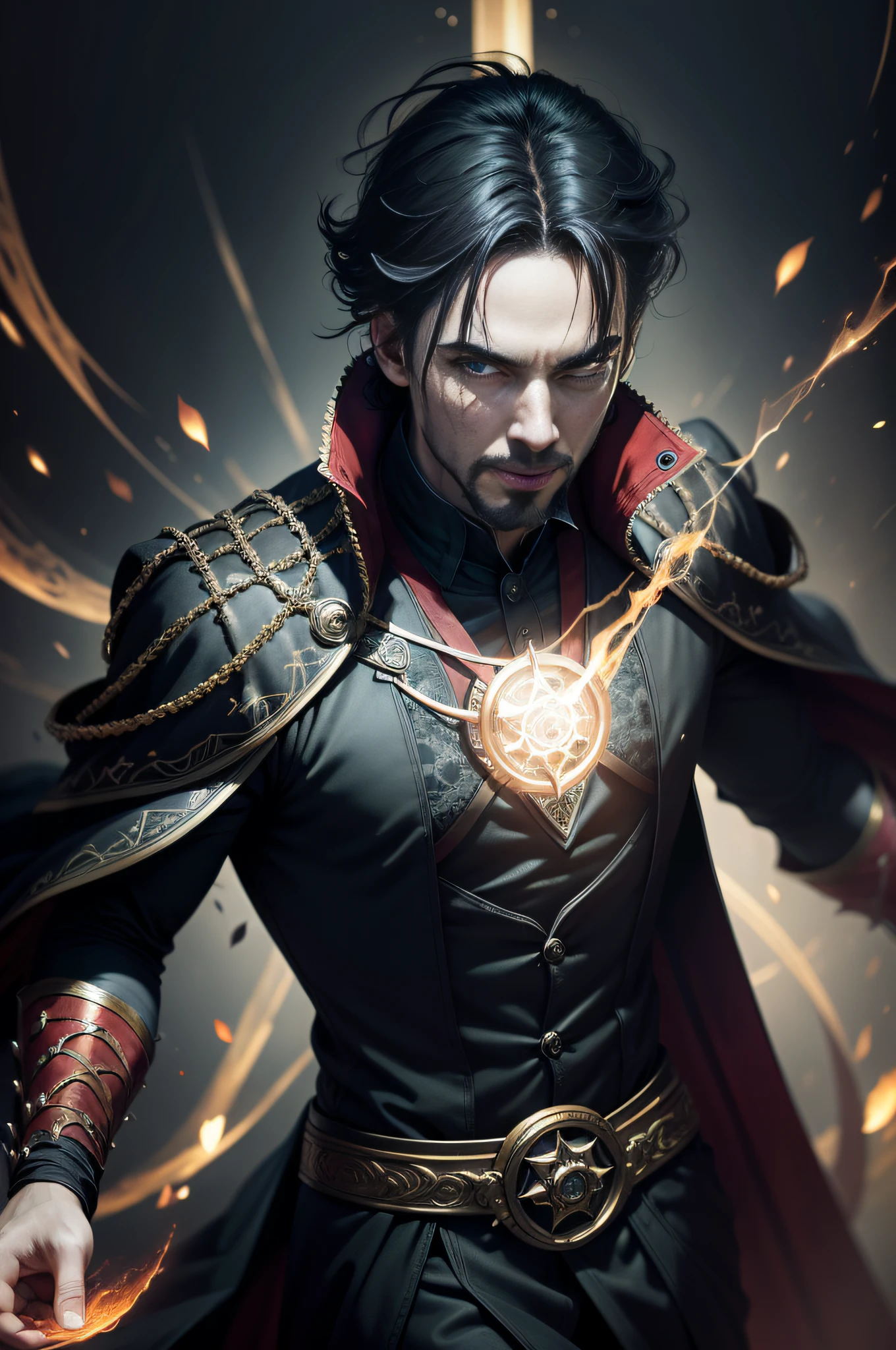 fully body photo, facing camera, gotik((Male magician))Realistic digital painting portrait, Magical deep black universe, Male magic cloth，Black is carved in intricate details, sport, Walking forward, Slow motion, Very focused eyes, (abstract backgrounds:1.2), (game concept:1.3), (Elden ring style:1.3), (Arcane style:0.8), (Depth of field:1.3), voluminetric lighting, Global illumination, Doctor Strange-style references