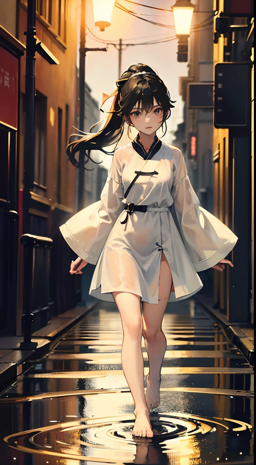 deep in the night,little bit of raining,bit girl,The expression is shy,Black hair with high ponytail,Wear Taoist clothing,Comfortable robe sleeves,Clothes hang down to the ankles,Loose collar,The placket is inlaid with delicate embroidery or pattern,Clothes are torn and torn,clothes wet,Fit snugly to the body,Barefoot,The front foot is raised to expose the soles of the feet,Little girl walking on streets where there is no one at night,Walk lightly,Every step brings ripples,The puddle reflects the soles of your bare feet,The streets are shrouded in silence and silence。Street lights emit a soft yellow or white glow,Cast warm light and shadow in the dark。The buildings lining the streets stand quietly,There was a faint light outside the window,Reflected in the street