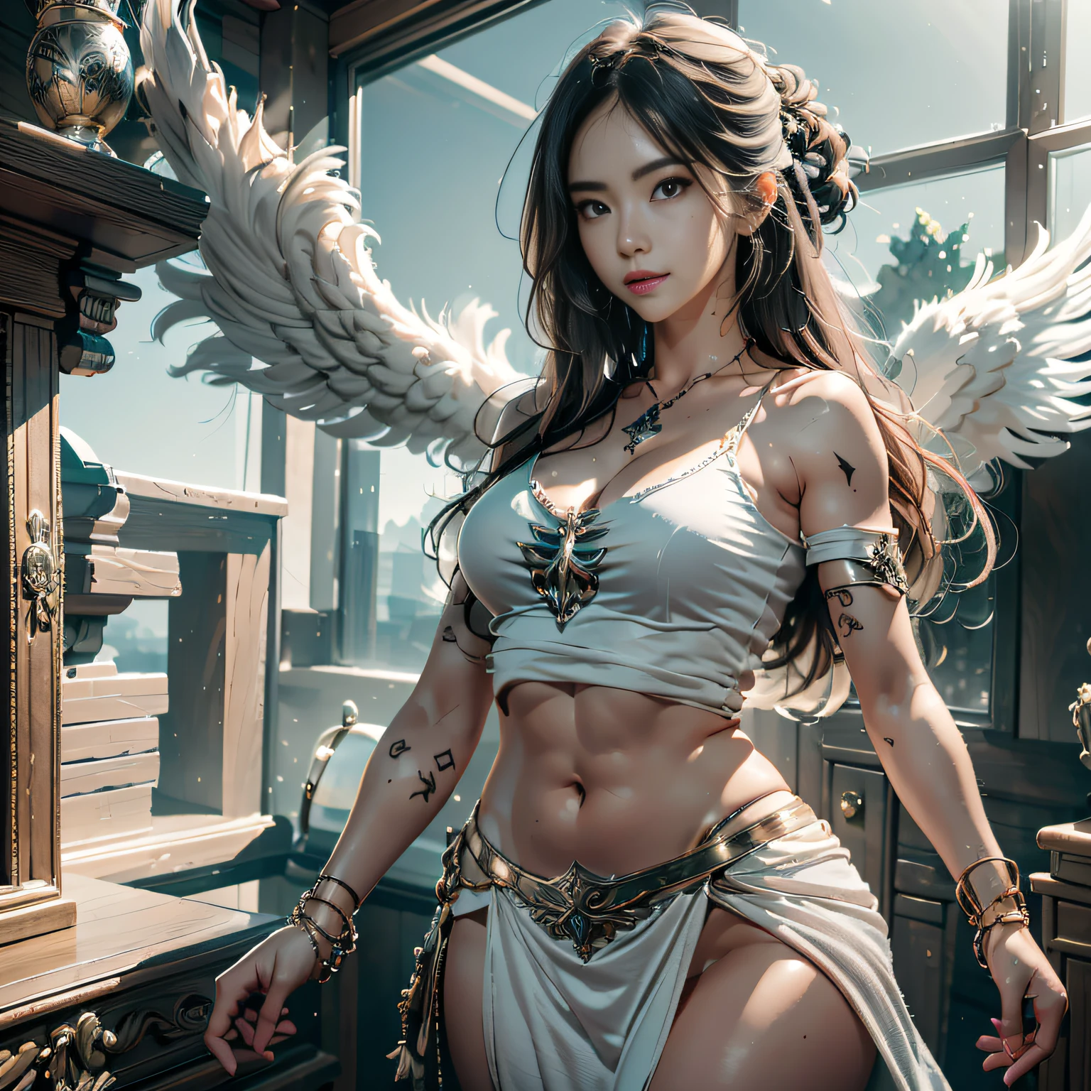 hyper HD, Anatomically correct, retinas, Super detail, Award-Awarded, Best quality, High details, Textured skin, Masterpiece, ccurate, High quality, A high resolution, 8K，1girl in, 独奏, offcial art, Unity 8k wallpaper, ultra - detailed, prettify、Aesthetic, tmasterpiece, top-quality, Photorealsitic, A female angel、It has 6 large white wings on its back:2.0、Wings of a bird of prey、Blazing Angel、Silver armor:2.0、Glow-in-the-dark imprint，Glow-in-the-dark imprint，Silver gauntlet、Silver Solette、White fabric、Hair ornaments with small wings、Valkyrie、Very large wide sword、Glowing angel circle、angelic halo:2.0、Light magic、depth of fields, Fantastic atmosphere, calm color palette, Soft Shading、You can see the forest in the distance、See remote mountain castles、ellegance、Full body like、busty figure、Large full breasts、wide waist、Floating in the air:2.0、Flying in the sky:2.0、Fry high in the air、Sky on the steppe、You can see the castle on the hill in the distance