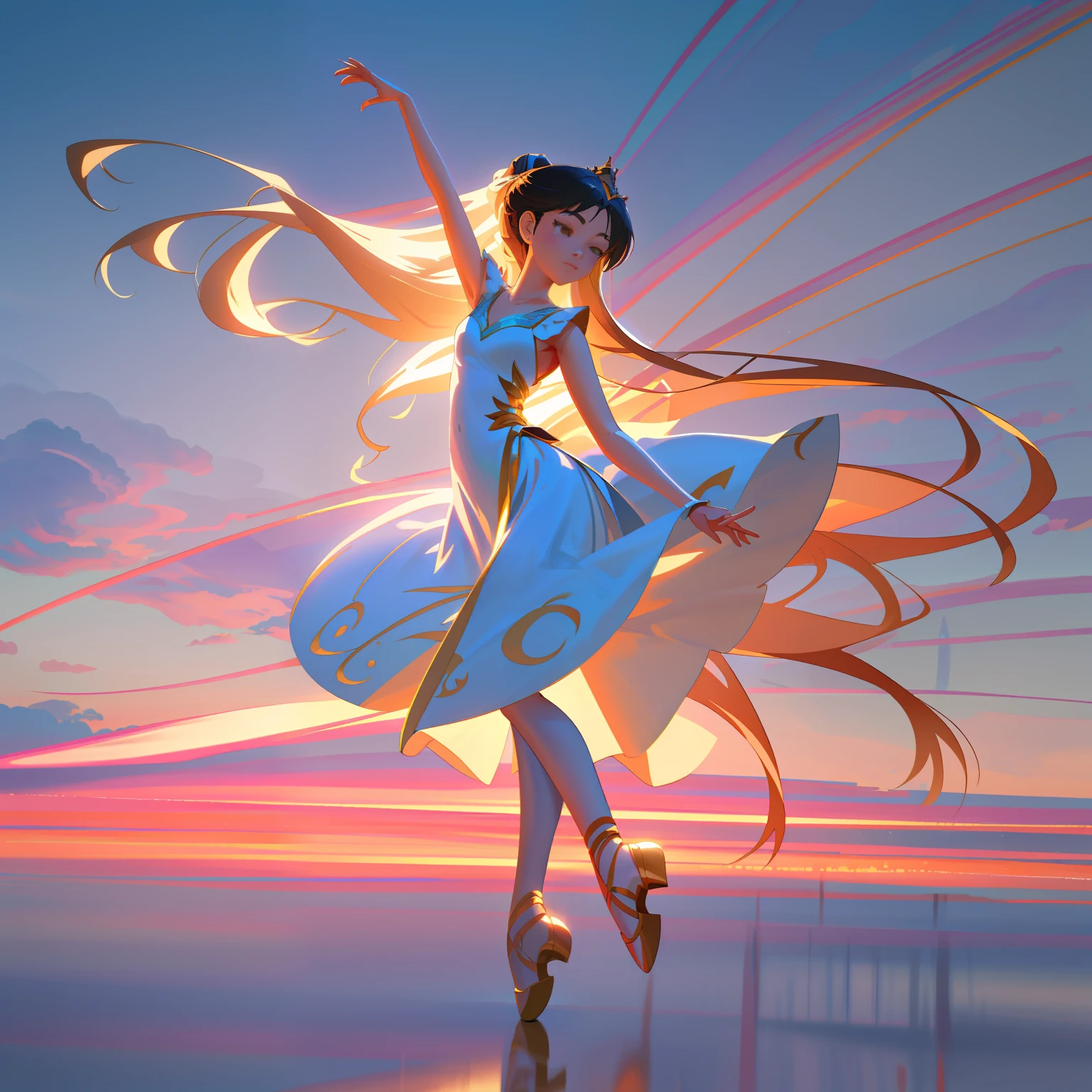 A beautiful Asian girl with long hair is dancing in the clouds like a ballerina, graceful and peaceful, detailed features, detailed hands and fingers, white ballerina dress and shoes, beautiful anime girl, digital anime illustration, fanart best artstation, digital anime art, detailed digital anime art, realistic anime 3 d style, beautiful young girl, full body length shot