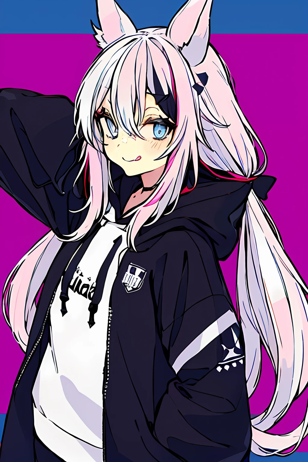 1girl, solo, hood, blue eyes, tongue, tongue out, long hair, long sleeves, bangs, hood up, black hoodie, arm up, upper body, multicolored hair, looking at viewer, white hair, hair between eyes, puffy long sleeves, hoodie, puffy sleeves, pink hair, drawstring, blush, closed mouth, :p, fake animal ears, virtual youtuber, sleeves past wrists, smile, horns, black jacket, jacket, two-tone hair