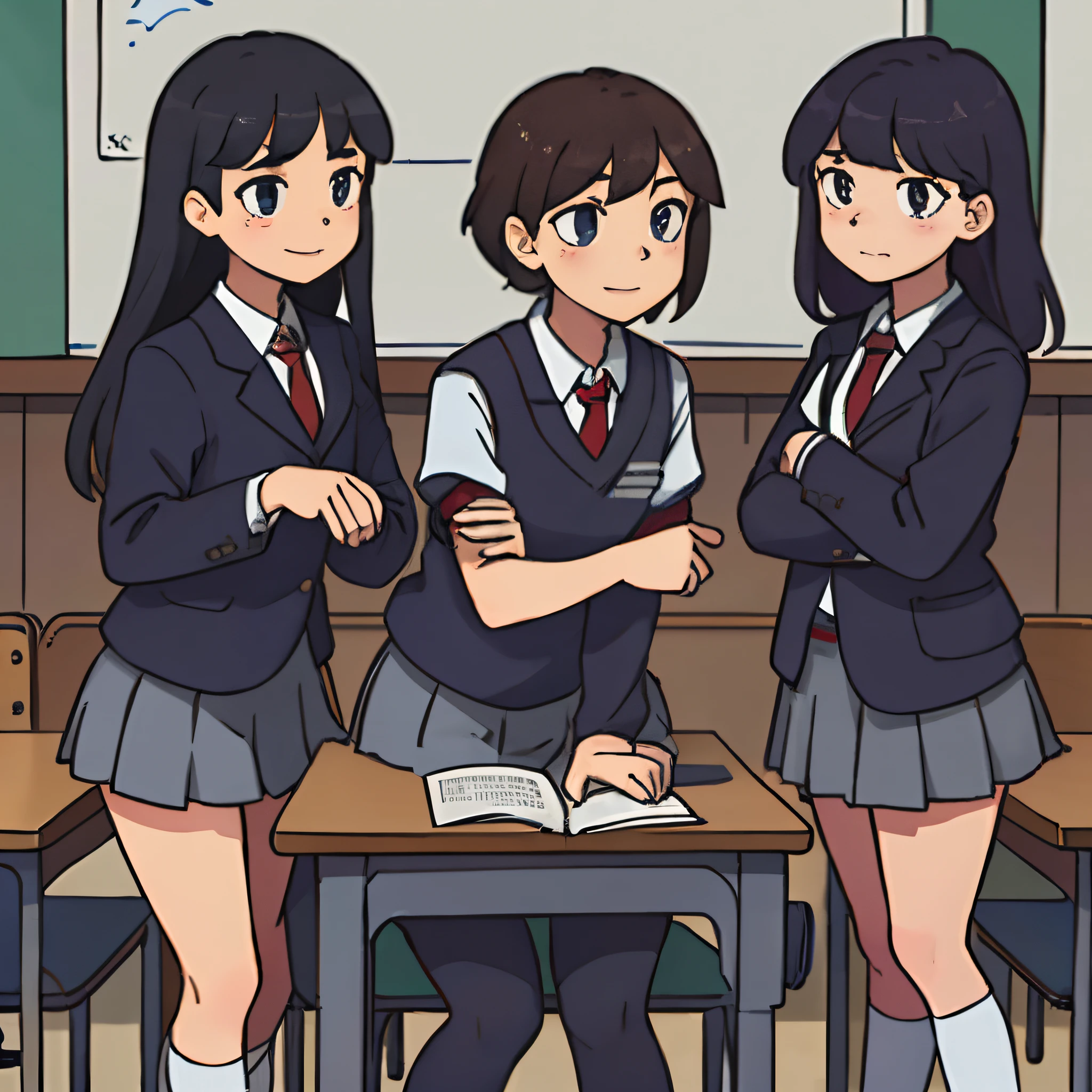 Three girls,Point ahead,A mocking expression,despise,despised,disdain,In the classroom