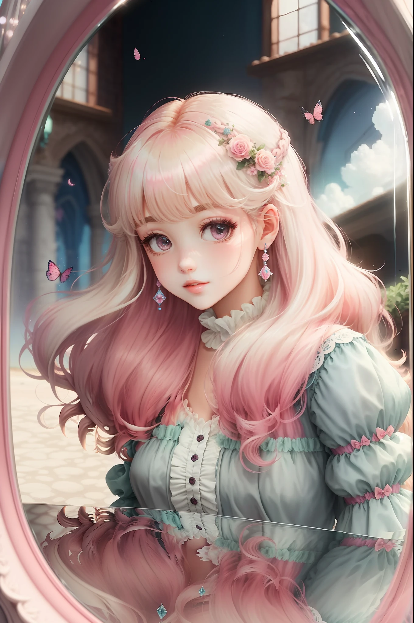 Princess　A Princess　Soft　Good style best quality(Highest Quality) , High quality(hiquality)　Pink and fluffy dress blonde and soft hair　corolla　Half-up The whole body is reflected A wonderful atmosphere with very delicate tones