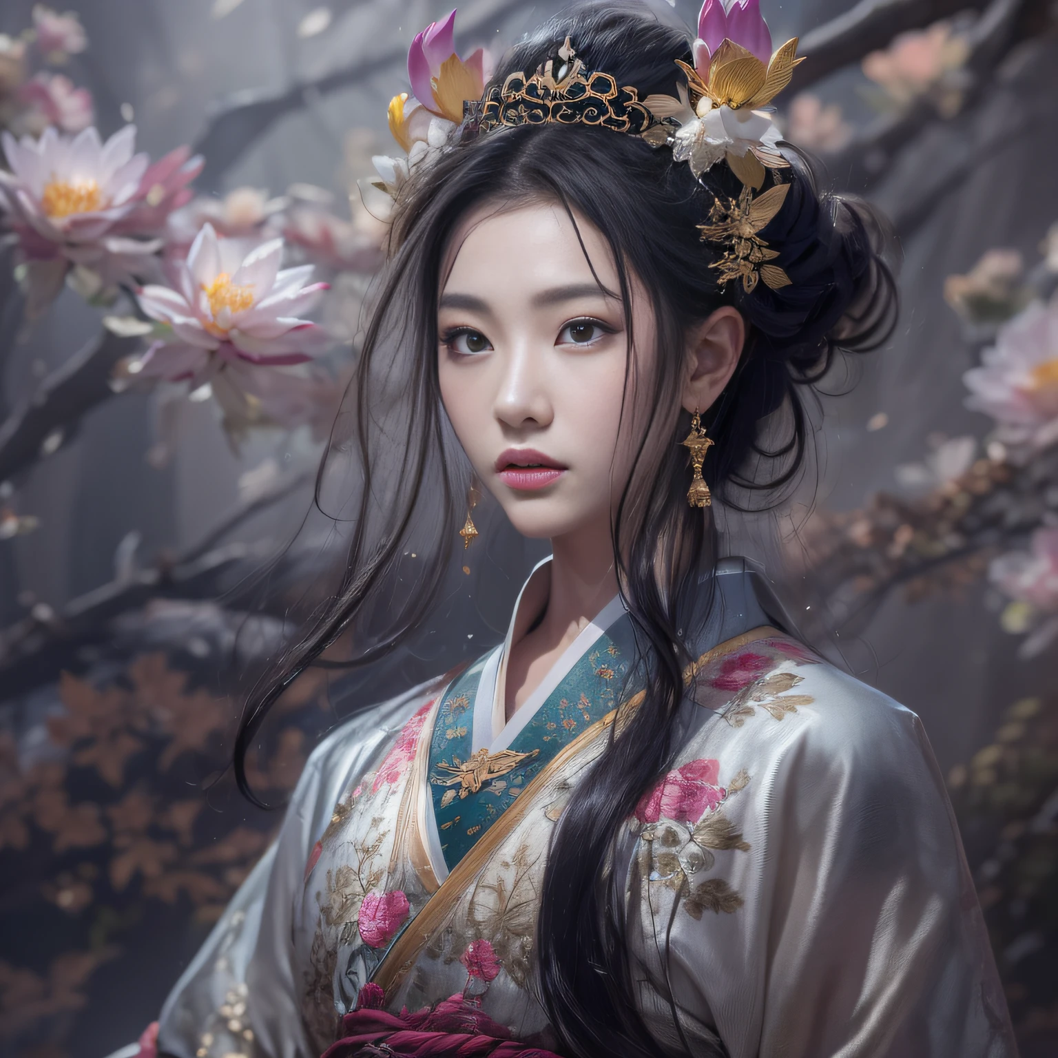 32K(tmasterpiece,k hd,hyper HD,32K)Long flowing black hair,Gold jewelry area in the back room,Smoke ring girl ,Lotus flowers flying (realisticlying:1.4),Carp pattern robe,Purple-pink tiara,Pear blossoms fluttering,The background is pure,Hold your head high,Be proud,The nostrils look at people, A high resolution, the detail, RAW photogr, Sharp Re, Nikon D850 Film Stock Photo by Jefferies Lee 4 Kodak Portra 400 Camera F1.6 shots, Rich colors, ultra-realistic vivid textures, Dramatic lighting, Unreal Engine Art Station Trend, cinestir 800,Hold your head high,Be proud,The nostrils look at people,32K(tmasterpiece,k hd,hyper HD,32K)Long flowing black hair,Backroom pond,zydink, a color, Asian people (A unicorn), (Silk scarf), Combat posture, looking at viewert, long whitr hair, Floating hair, Hanfu, Chinese clothes, longer sleeves, (abstract ink splash:1.2), white backgrounid,Kirin Beast Protector (realisticlying:1.4), (realisticlying:1.4),,The nostrils look at people, A high resolution, the detail, RAW photogr, Sharp Re,