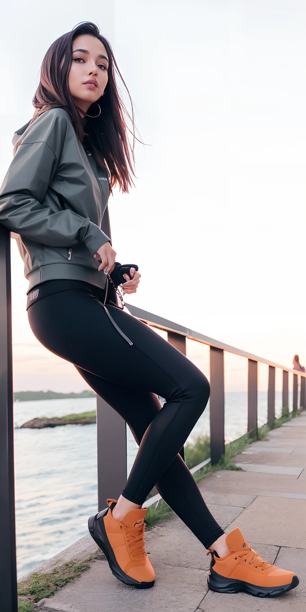 Beautiful woman sitting on a railing with a dog on leash, Fotografia de uma mulher techwear, com dois bolsos frontais, legging preto extremamente apertado, 2 mulheres techwear, Leggings, vestindo roupas urbanas, black legging pants, Techwear Look e Roupas, Leggings Pretas, casual, wearing legging pants, Tudo ao redor, legging pants, Pose casual