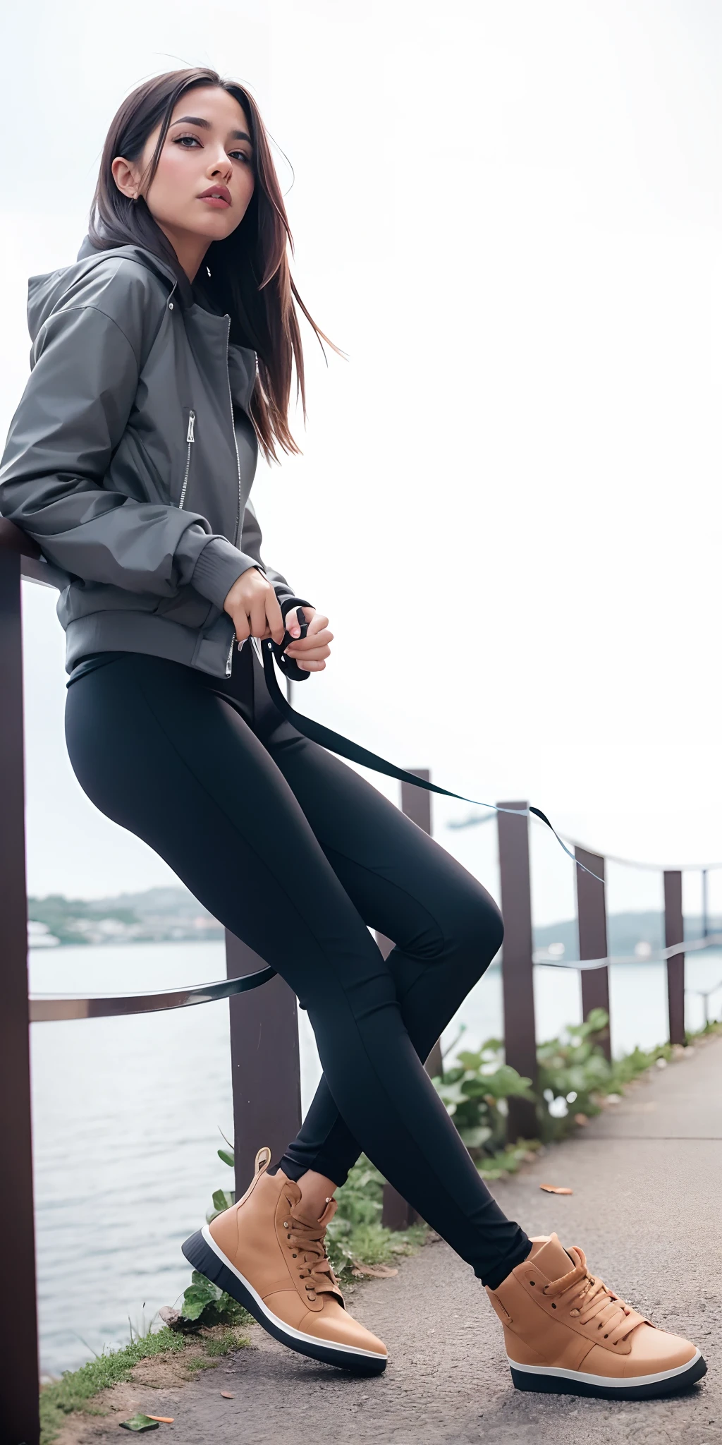Beautiful woman sitting on a railing with a dog on leash, Fotografia de uma mulher techwear, com dois bolsos frontais, legging preto extremamente apertado, 2 mulheres techwear, Leggings, vestindo roupas urbanas, black legging pants, Techwear Look e Roupas, Leggings Pretas, casual, wearing legging pants, Tudo ao redor, legging pants, Pose casual