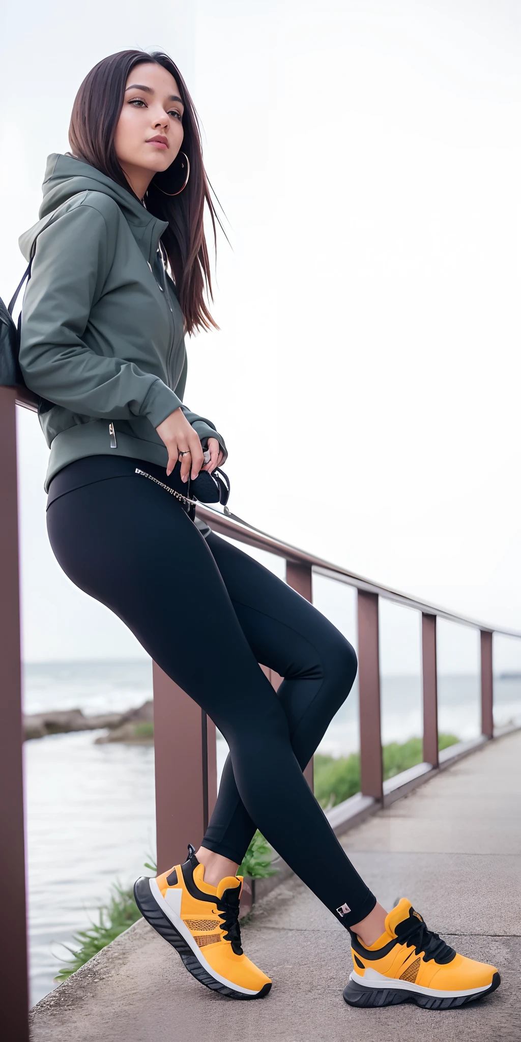 Beautiful woman sitting on a railing with a dog on leash, Fotografia de uma mulher techwear, com dois bolsos frontais, legging preto extremamente apertado, 2 mulheres techwear, Leggings, vestindo roupas urbanas, black legging pants, Techwear Look e Roupas, Leggings Pretas, casual, wearing legging pants, Tudo ao redor, legging pants, Pose casual