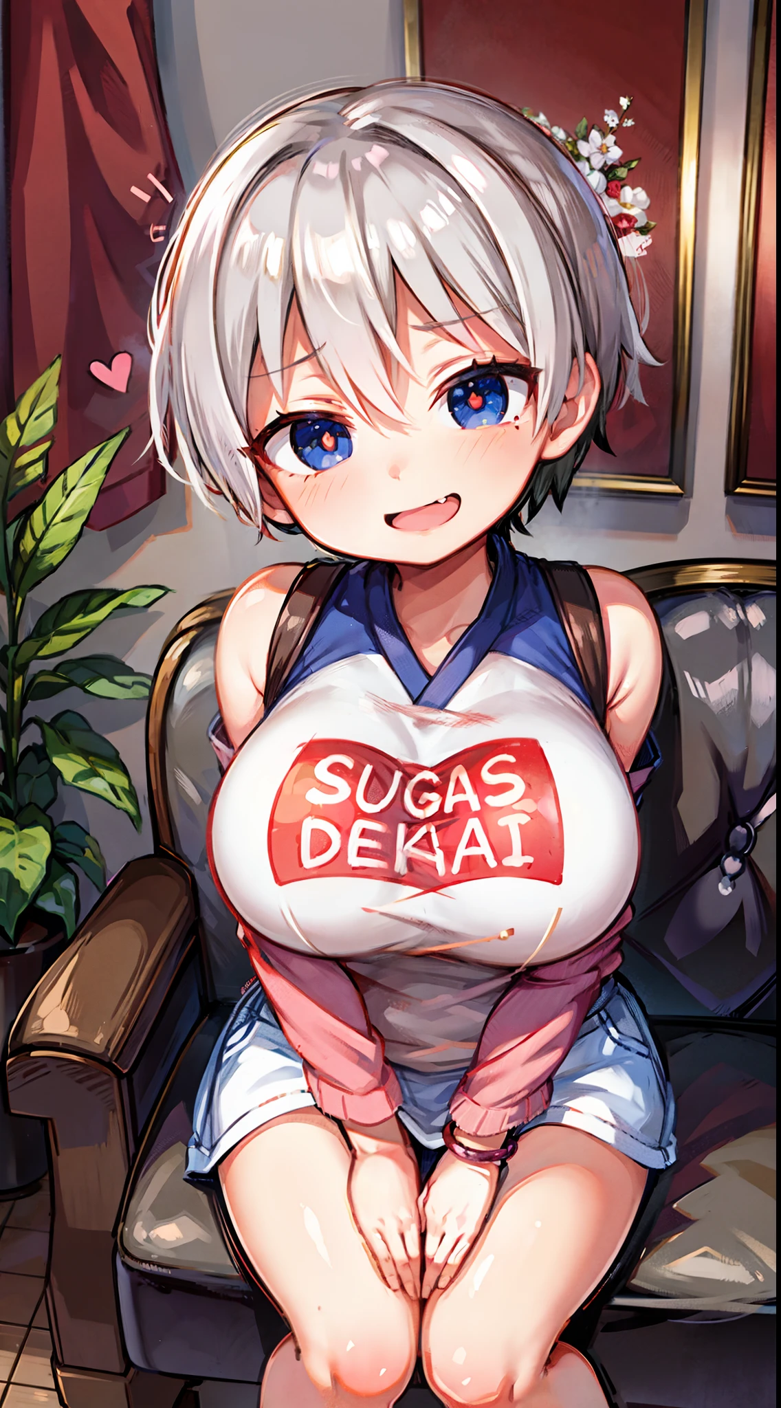 Uzaki Hana ，（A white border around a red rectangular background：2.5），Sitting down，Split legs，head looking up，E-cup，Superskirt，whitesweater，Evil smile,High detail,ahegao face,Moles under eyes, Heart-shaped pupils，Love pupils，cropped shoulders，Lots of hearts，Fleshy thighs,highly rendered，detailed face with