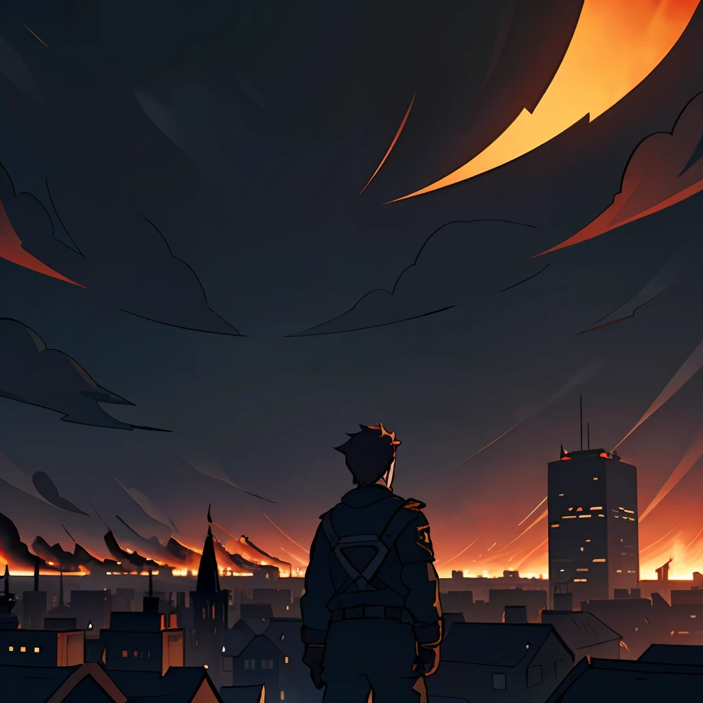 Buildings,There are a lot of dark clouds in the sky,There was a black flame burning in the air,Apocalyptic style