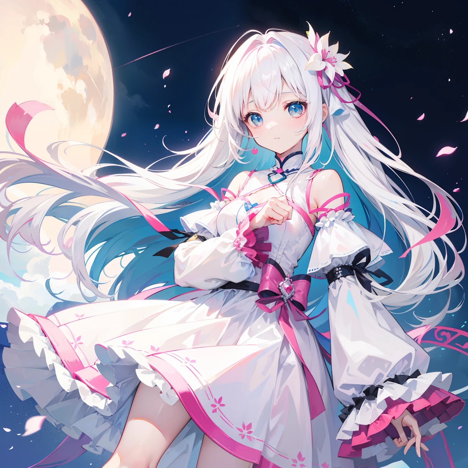 Long light pink and white hair,Blue, White and pink clothes,She is a cute and cute girl,Soft girl,It looks very light and gentle