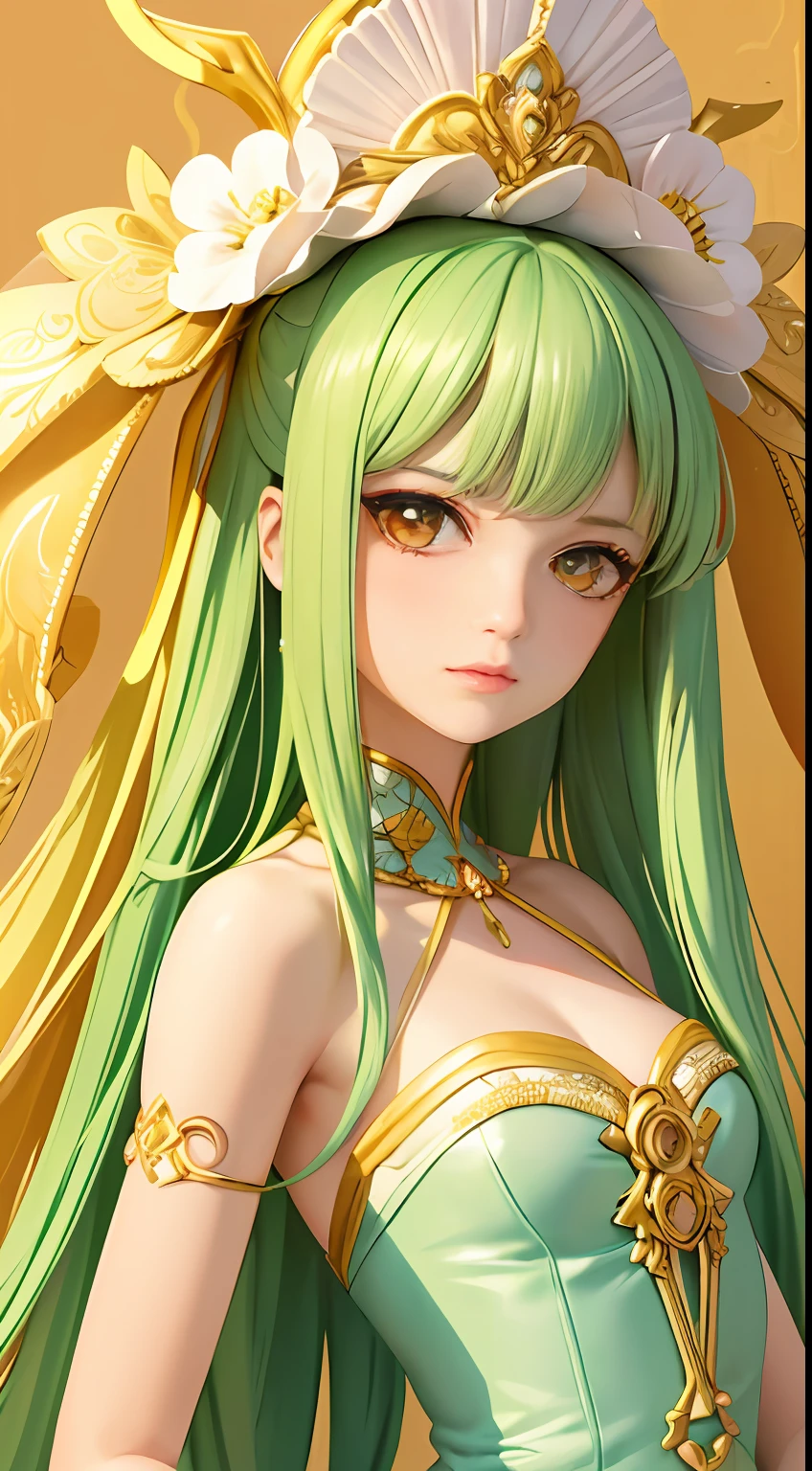 , (tmasterpiece,Supreme Quality,Super delicate,master painting)(Kizi,closeup cleavage,Lateral face,Gaze towards the viewer,Bloom of youth), An original character wearing a light green pencil dress, Long straight hair with dark yellow bangs, Carmine eyes, expressioness:exasperation, German castle background