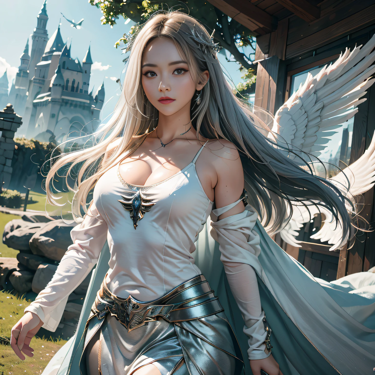 hyper HD, Anatomically correct, retinas, Super detail, Award-Awarded, Best quality, High details, Textured skin, Masterpiece, ccurate, High quality, A high resolution, 8K，1girl in, 独奏, offcial art, Unity 8k wallpaper, ultra - detailed, prettify、Aesthetic, tmasterpiece, top-quality, Photorealsitic, A female angel、It has 6 large glowing white wings on its back:2.0、Wings of a bird of prey、Blazing Angel、Silver armor:2.0、Luminous imprint，Luminous imprint，Silver gauntlet、Silver Solette、White fabric、Hair ornaments with small wings、Valkyrie、Very large wide sword、Glowing angel circle、angelic halo:2.0、Light magic、depth of fields, Fantastic atmosphere, calm color palette, Soft Shading、You can see the forest in the distance、See remote mountain castles、ellegance、Full body like、busty figure、Large full breasts、wide waist、Floating in the air:2.0、Flying in the sky:2.0、Fry high in the air、Sky on the steppe、You can see the castle on the hill in the distance