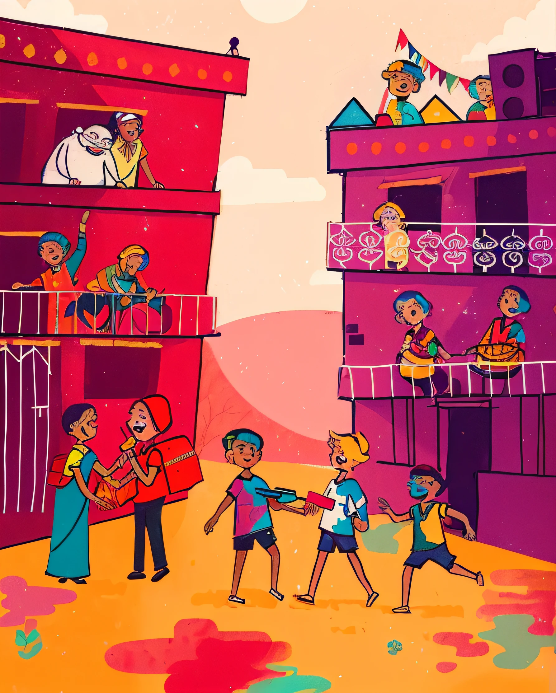Illustration of a group of people standing on the balcony of a building, editorial illustration colorful, colorful kids book illustration, author:Otis Pascali, colorful illustrations, author:Inglida Juniper, editorialillustrations, Colorful illustration, author:Saurabh Jethani, author:Matt Stewart, colorful illustrations, author:Ella Guru, author:Lee Loveridge, children illustration