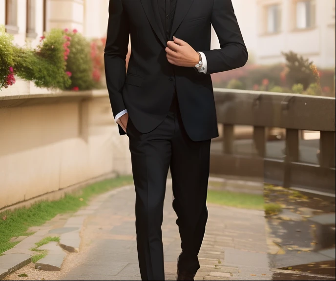 Date: 1945
Country: Germany
Description: Handsome man walk with wearing black blazer ,Realistic Face,8k, Fantastic