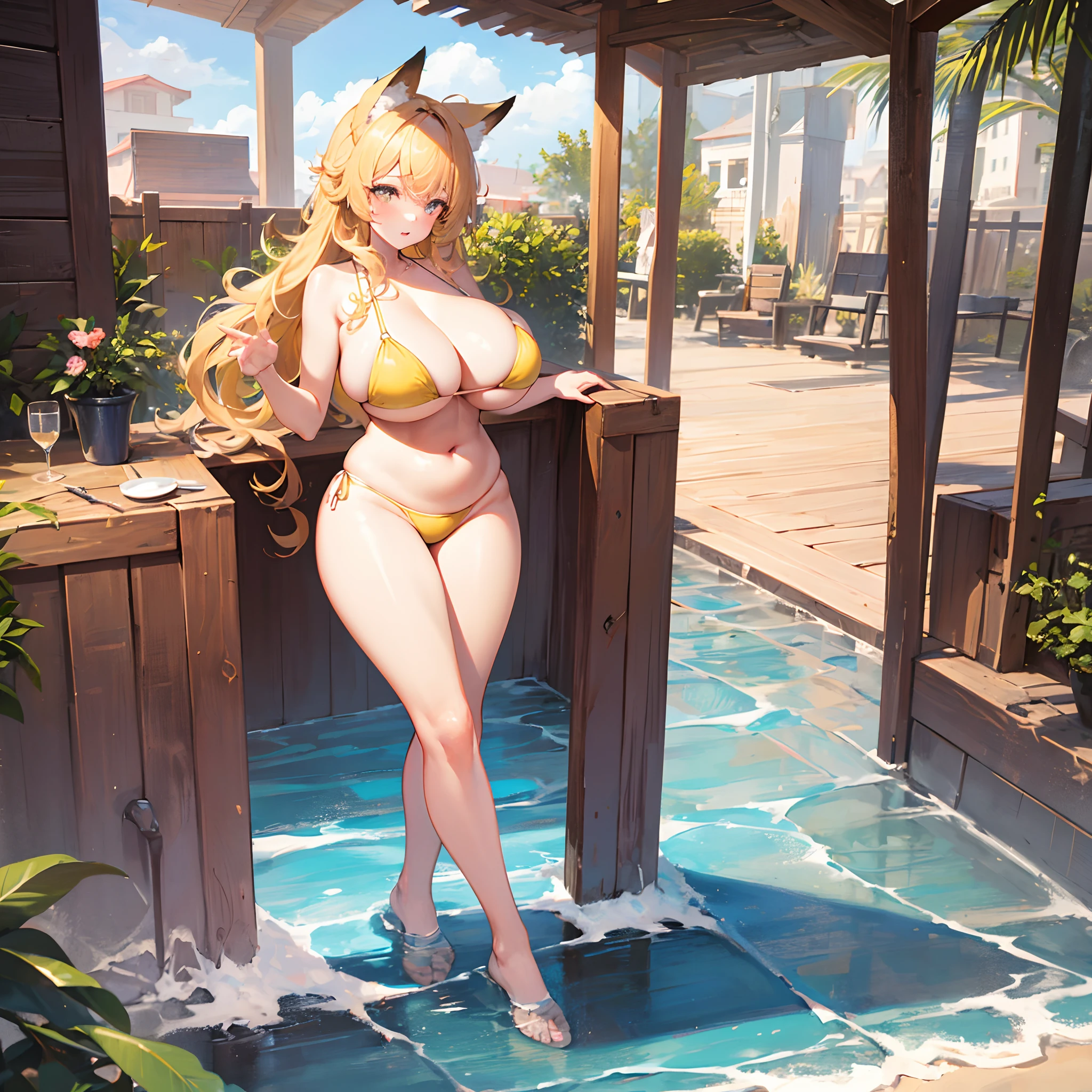 Absolutely beautiful fox charmer, perfect slim body, mature, yellow hair, large curly hair, bikini swimsuit, sexy and seductive, beautiful face, full body portrait, standing pose, 4K picture quality, big body, feminine expression, blush shyness, outrageously large bust, deep eyes, seaside bath, plump big, huge breasts