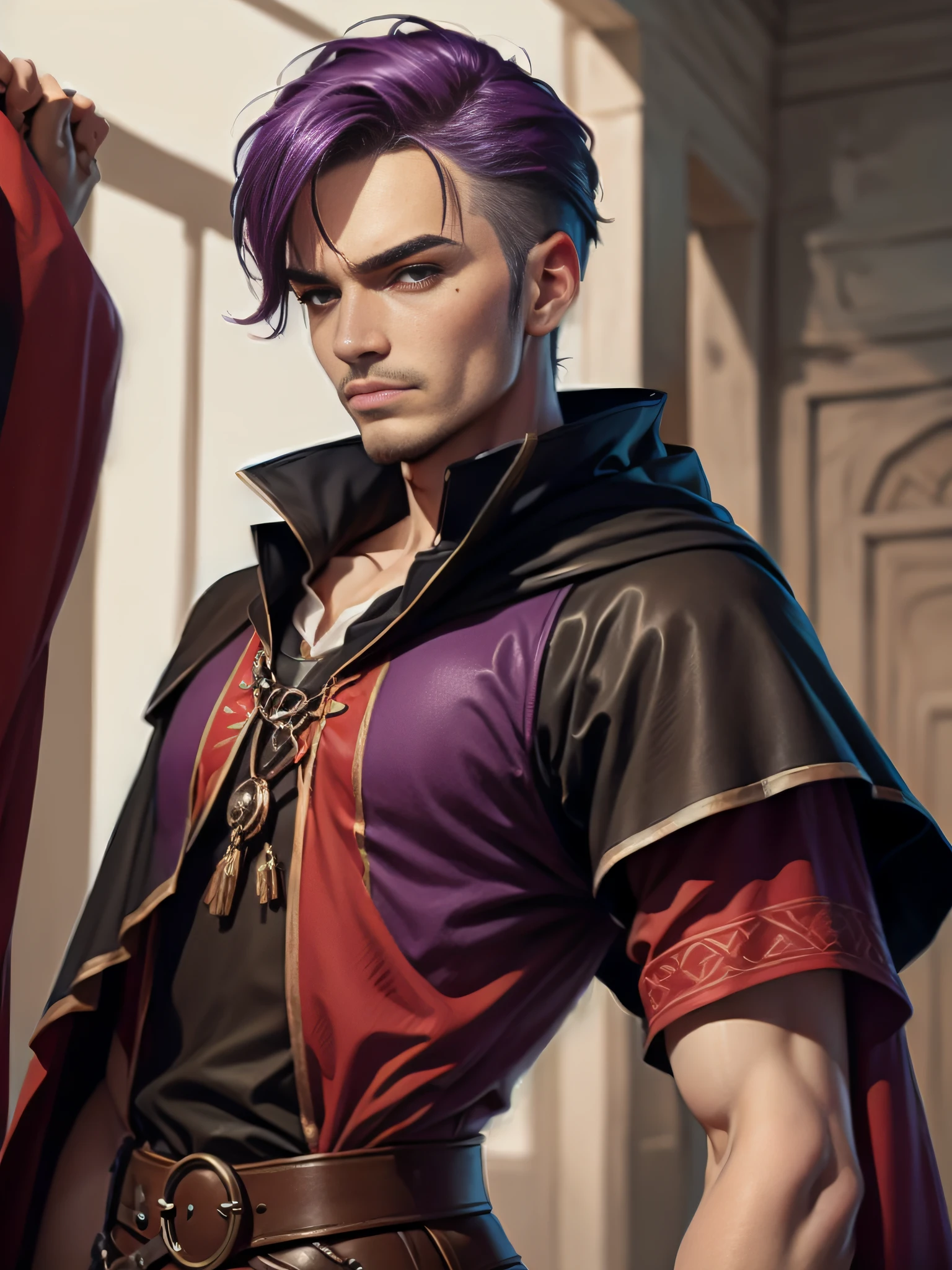 (((superfine illustration, Best Quality, Ultra-detailed))), (proficient male assassin, solo, unapproachable vibe, expressionless, Perfect fingers, Perfect hands), 25 years old, (medieval assassin costume, assassin's cloak), Medieval guild in the background, sunset, indoor, deep shadows, Dynamic Angle, male hair, extremely short hair, purple hair, male face, male eyebrows, sharp eyes , sharp nose, forehead,