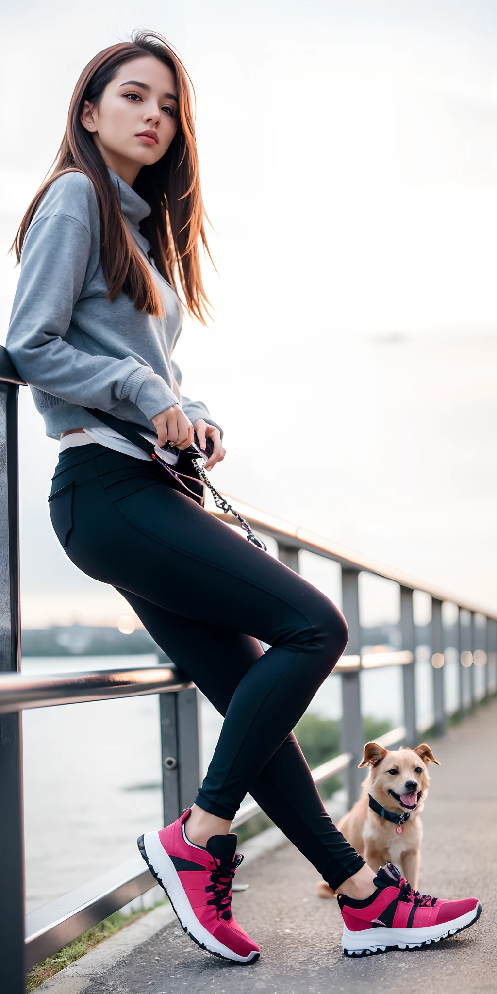 Beautiful woman sitting on a handrail with a dog on a leash, Fotografia de uma mulher techwear, com dois bolsos frontais, legging preto extremamente apertado, 2 mulheres techwear, Leggings, vestindo roupas urbanas, black legging pants, Techwear Look e Roupas, Leggings Pretas, casual, wearing legging pants, Tudo ao redor, legging pants, Pose casual