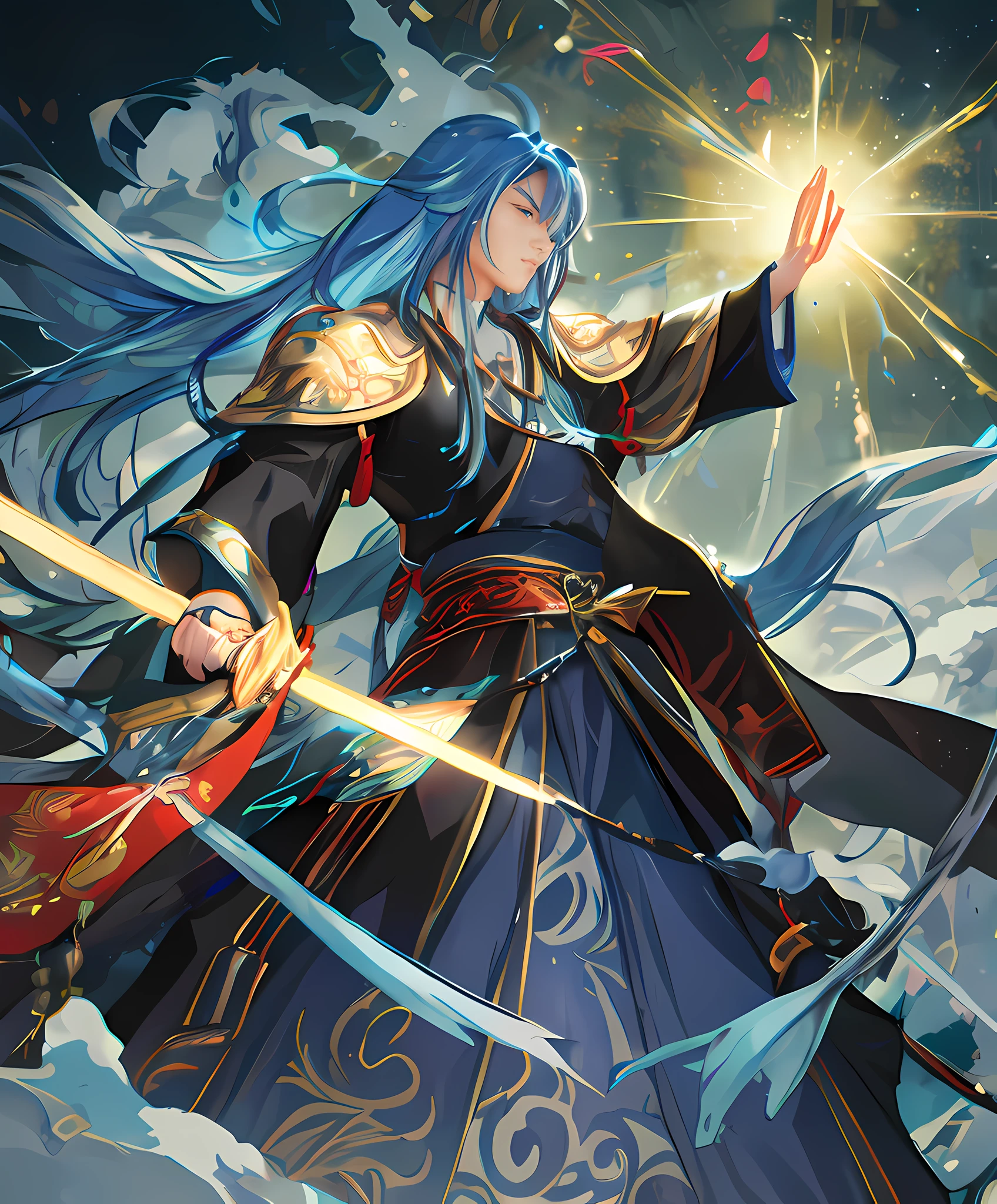 Anime - Style image of a handsome guy with blue hair holding a sword, There is a third eye in the middle of the eyebrows, which is from the Keqing of Genshin impact, handsome guy in demon killer art, anime in fantasy style, Anime fantasy illustration, zhongli from genshin impact, Onmyoji detailed art, style of anime4 K, Anime fantasy artwork, Anime art wallpaper 4k, Anime art wallpaper 4 K