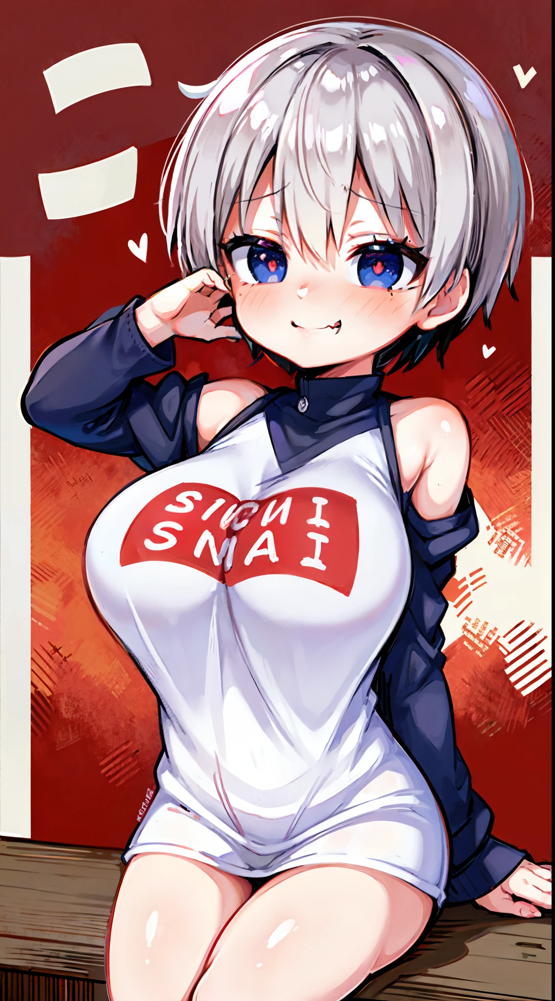 uzaki hana ，（A white border around a red rectangular background：2.5），head looking up，Electronic cup miniskirt，whitesweater，Evil smile,High detail,ahegao face,Moles under eyes, Heart-shaped pupils，Love pupils，cropped shoulders，Lots of hearts，Fleshy thighs,highly rendered，detailed face with