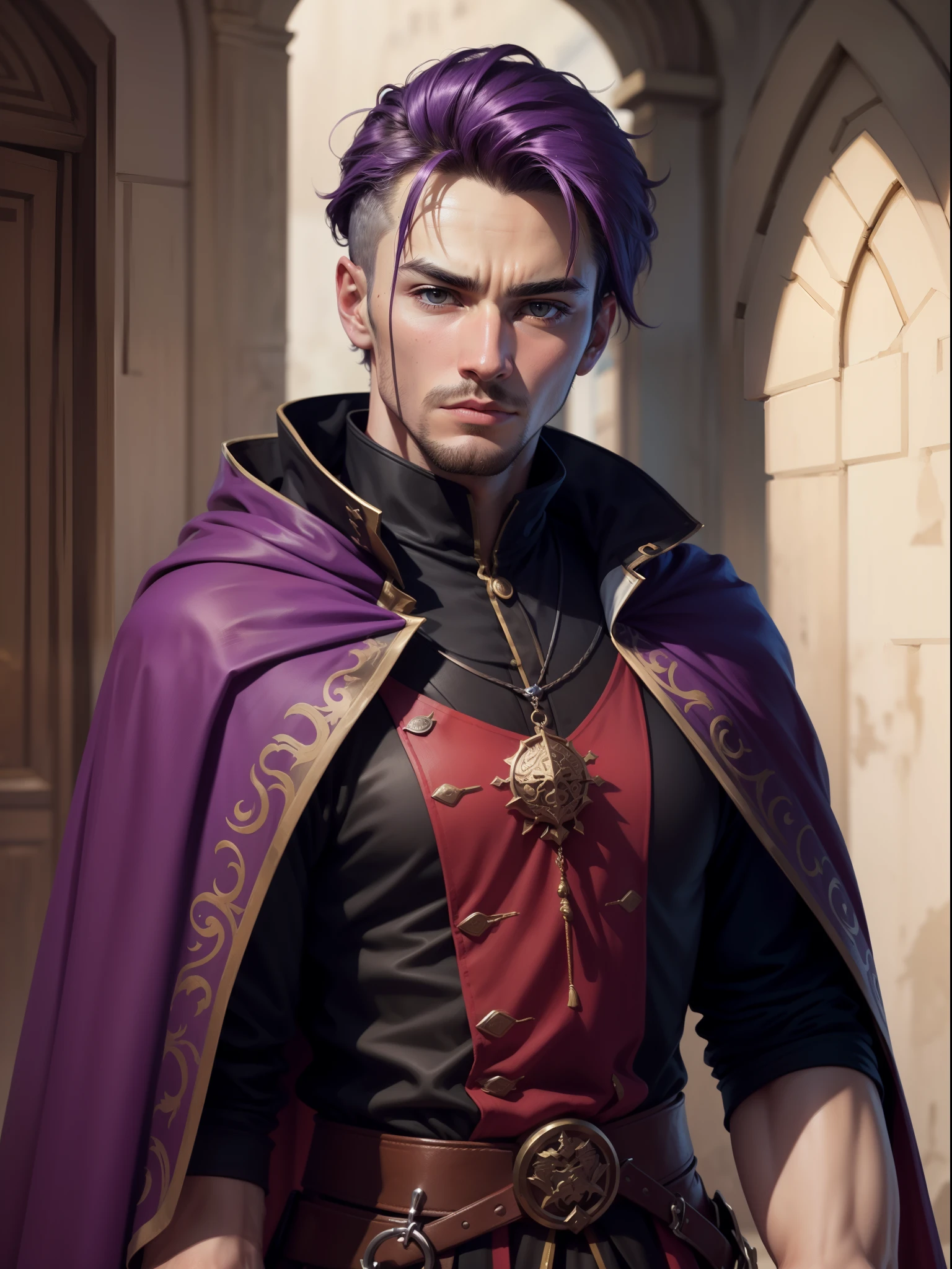 (((superfine illustration, Best Quality, Ultra-detailed))), (proficient male assassin, solo, unapproachable vibe, Lack of emotional ups and downs, Perfect fingers, Perfect hands), 25 years old, (medieval assassin costume, assassin's cloak), Medieval guild in the background, sunset, indoor, deep shadows, Dynamic Angle, male hair, extremely short hair, purple hair, male face, male eyebrows, sharp eyes , sharp nose, forehead,