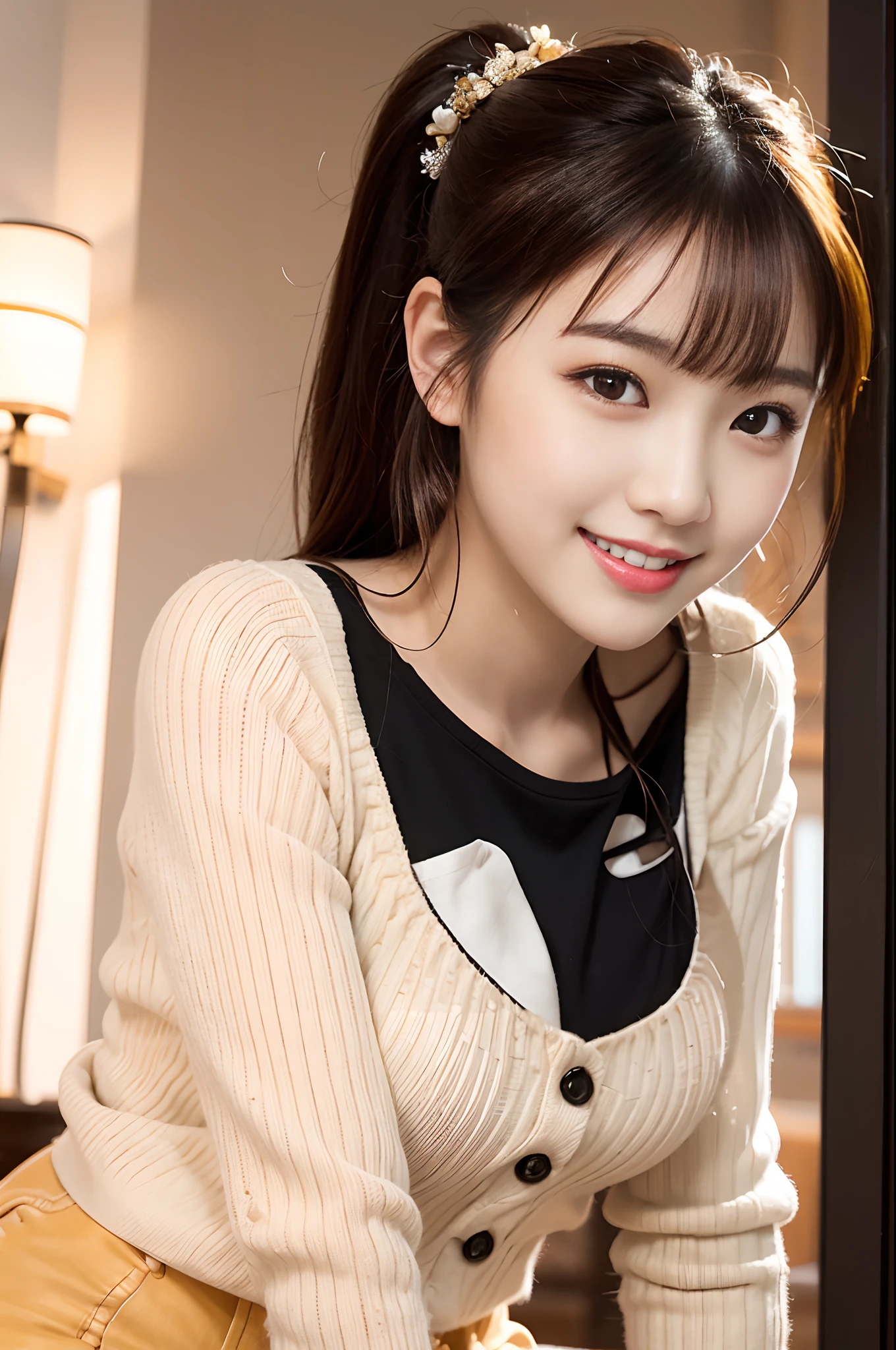 Asian woman in arafe in sweater and jeans is taking pictures, gorgeous chinese model, Gorgeous young Korean woman, cute seductive smile, (((beautiful countenance))),(((big eye))),(((Beautiful eyes))),(((long lashes))),((Beautiful teeth alignment)),Beautiful Asian Girl, friendly seductive smile, Beautiful young Korean woman, beautiful Korean women, Korean Girl, young cute wan asian face, seductively smiling, young and cute girl, warm and gentle smile, Chinese girl, slight cute smile