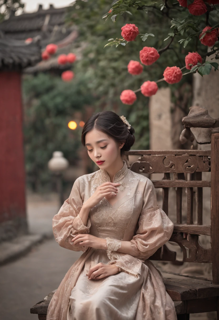 China 80s,Nostalgia, Romance, traditionalcostumes, Vintage hairstyle, Dimly lit room, Handwritten love letters, Shy look, forbidden love, conclave, Poetic atmosphere, silk dress, Lanterns, Moonlit Night, bamboo grove, Whisper sweet words, hands in arms, Gentle hugs, The look of doting, A yearning heart, Passionate kisses, Old town streets, old-fashioned bicycles, Old gramophone, love song, Handwritten diary, arranged marriage, Stolen moments, Tearful goodbye