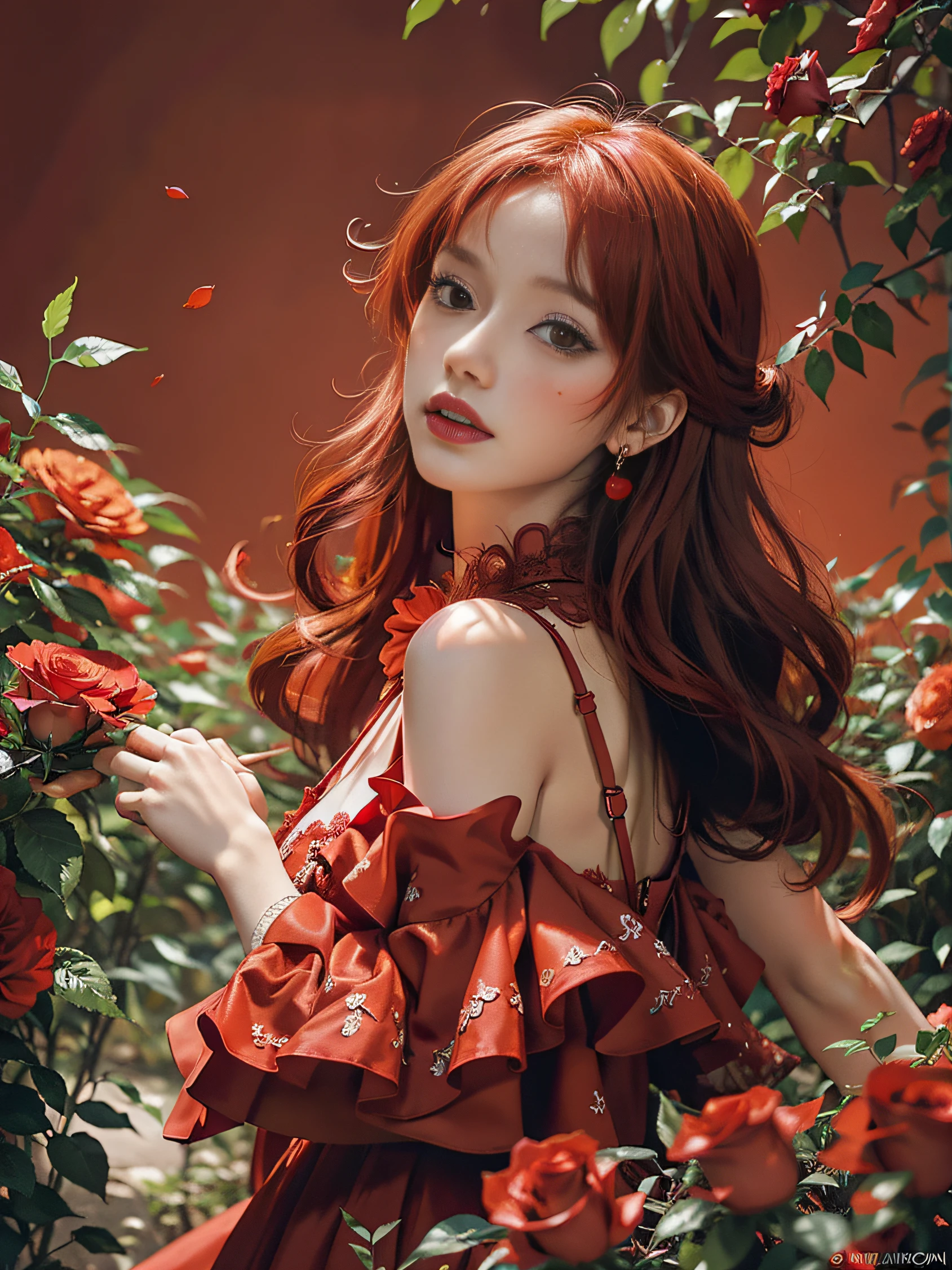 Wearing a red dress《One Piece》Nami is surrounded by roses,Nami's long orange hair is slightly curly，Dog gnaws bangs， in a red dream world, in red background, rich red colors, vibrant red colors, Extremely colorful，red tint, red mood in background, falling red petals, Very red, Woman in red dress, Hot body，red colour, red colour, Red atmosphere, Red theme, beautiful gorgeous digital art, red tint