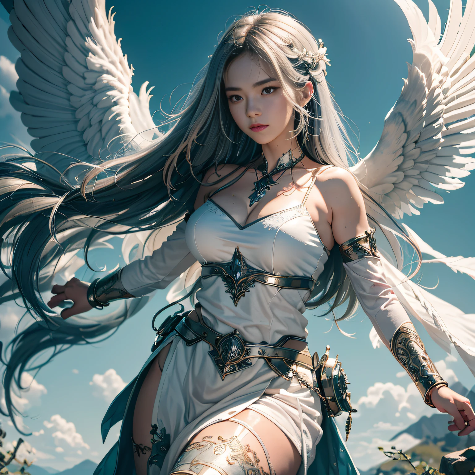 hyper HD, Anatomically correct, retinas, Super detail, Award-Awarded, Best quality, High details, Textured skin, Masterpiece, ccurate, High quality, A high resolution, 8K，1girl in, 独奏, offcial art, Unity 8k wallpaper, ultra - detailed, prettify、Aesthetic, tmasterpiece, top-quality, Photorealsitic, A female angel、It has 6 large glowing white wings on its back:2.0、Wings of a bird of prey、Blazing Angel、Silver armor:2.0、Luminous imprint，Luminous imprint，Silver gauntlet、Silver Solette、White fabric、Hair ornaments with small wings、Valkyrie、Very large wide sword、Glowing angel circle、angelic halo:2.0、Light magic、depth of fields, Fantastic atmosphere, calm color palette, Soft Shading、You can see the forest in the distance、See remote mountain castles、ellegance、Full body like、busty figure、Large full breasts、wide waist、Floating in the air:2.0、Flying in the sky:2.0、Fry high in the air、Sky on the steppe、You can see the castle on the hill in the distance