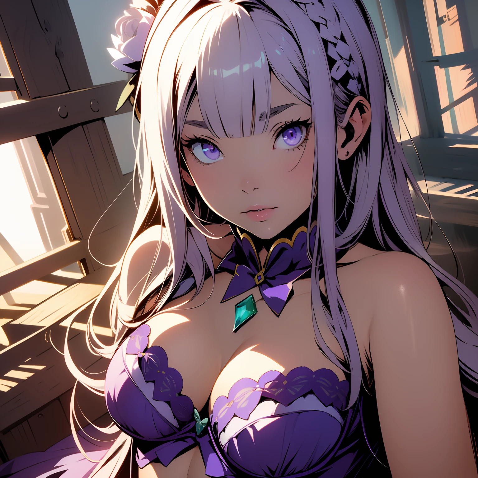 (masterpiece, best quality), (detailed face and eyes) Emilia from Rezero, beautiful girl, lying down, (detailed beautiful eyes) underwear, full body shot, long silver hair, purple eyes, visible bellybutton, elf ears